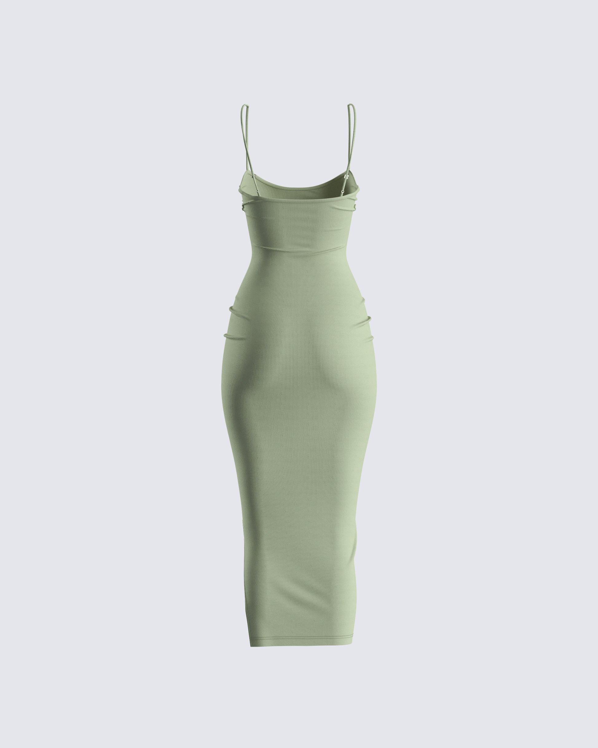Sage Green Ribbed Midi Dress - Bodycon Ruffle Detail FINESSE Sage Green Ribbed Midi Dress - Bodycon Ruffle Detail FINESSE