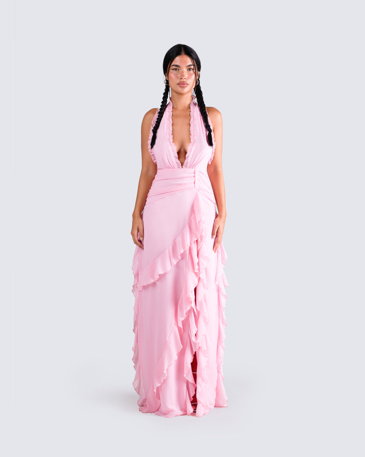 Nandi Pink Ruffle Maxi Dress