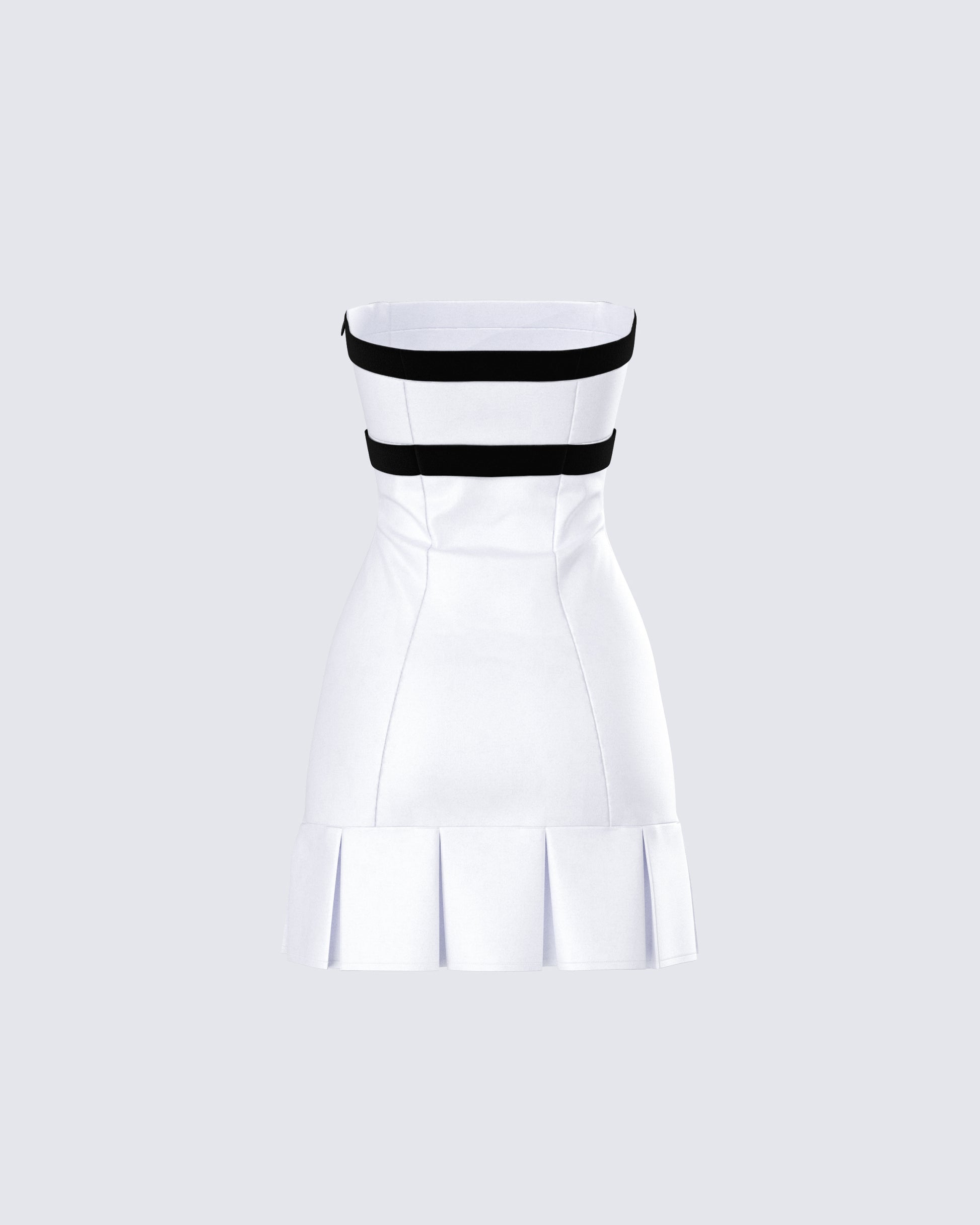 white dress with black trim White Strapless Mini Dress