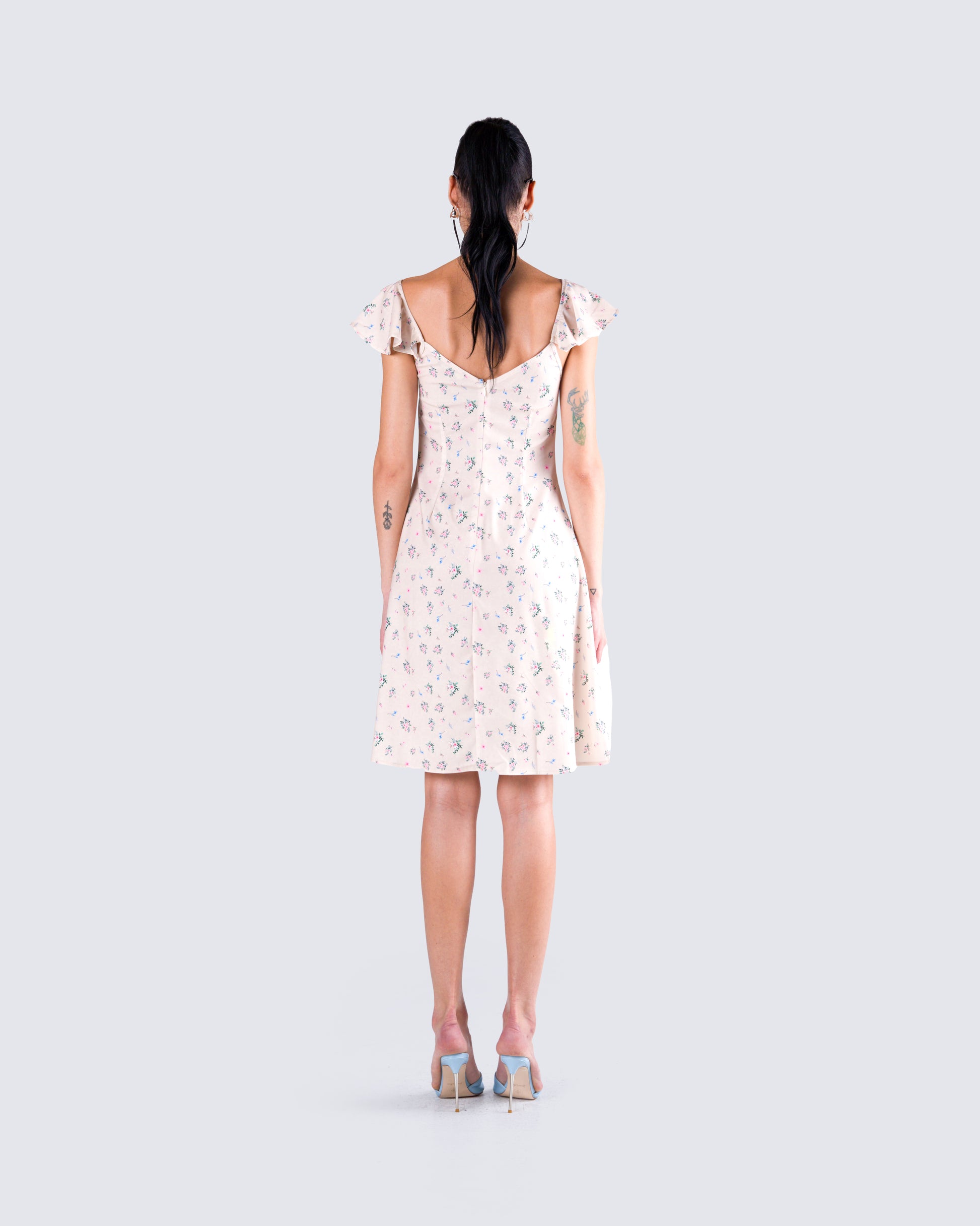 Beige Floral Midi Dress - Square Neck Flutter Sleeve FINESSE Beige Floral Midi Dress - Square Neck Flutter Sleeve FINESSE