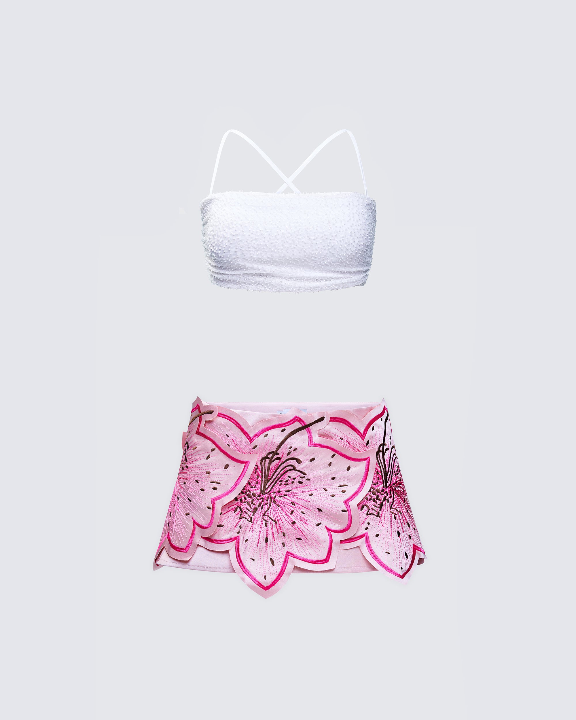 White Beaded Crop Top Pink Floral Skirt Set – FINESSE