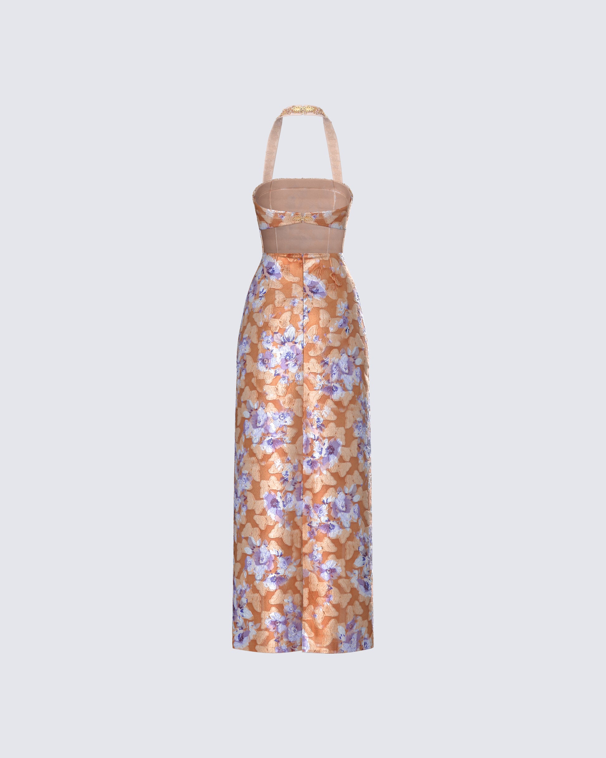 Orange Floral Burnout Maxi Dress - Halter Garden Party FINESSE Orange Floral Burnout Maxi Dress - Halter Garden Party FINESSE