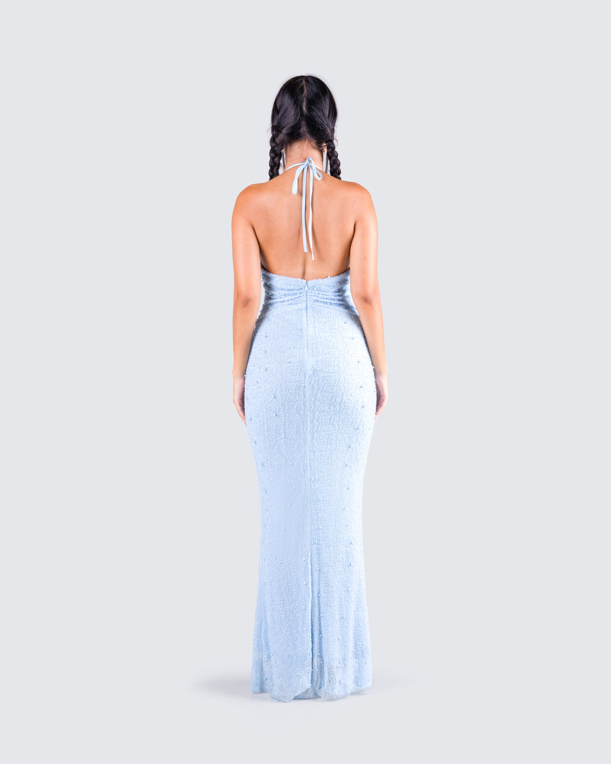 Baby Blue Beaded Maxi Dress - Halter Neck Sparkle FINESSE Baby Blue Beaded Maxi Dress - Halter Neck Sparkle FINESSE