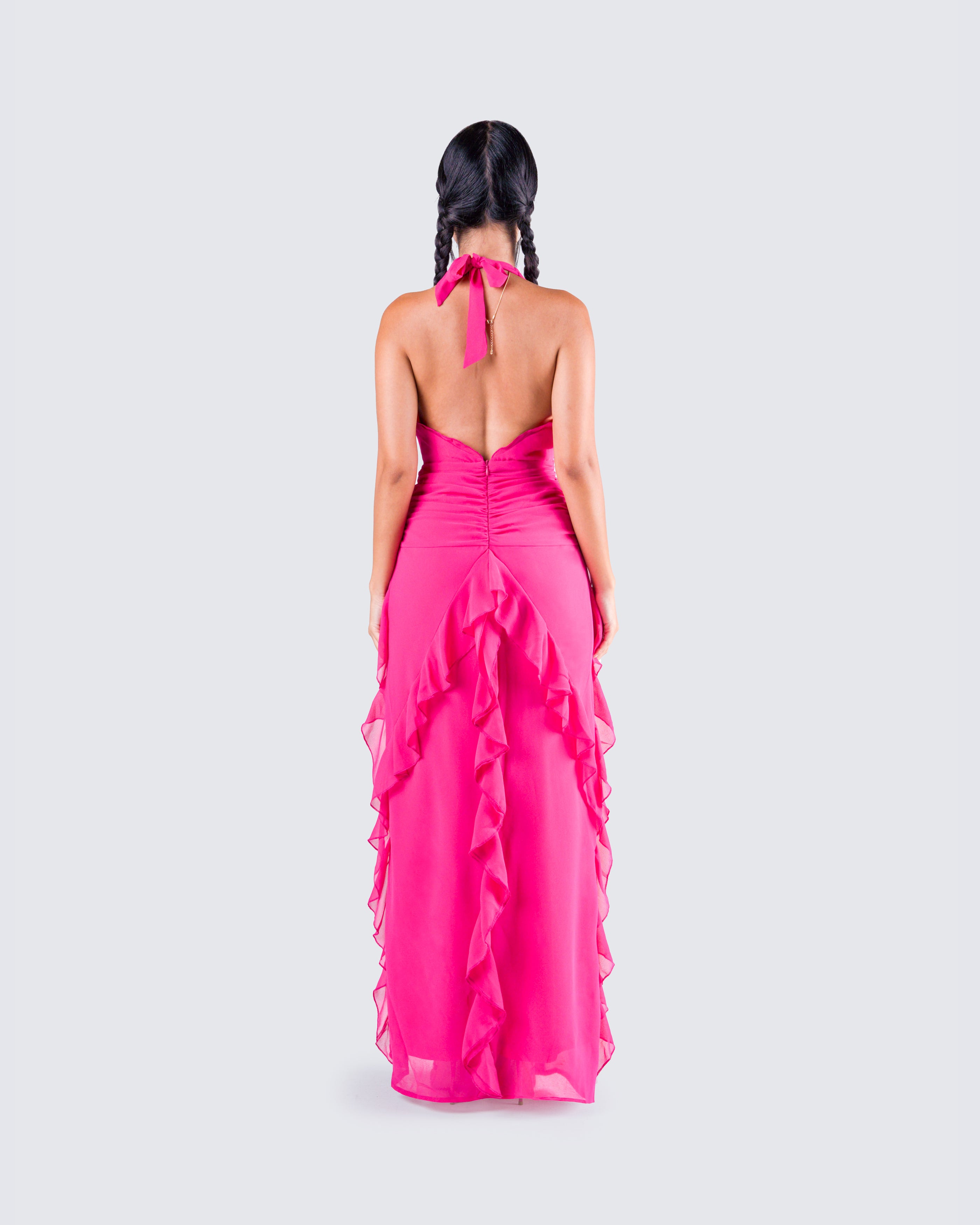 Nandi Hot Pink Ruffle Maxi Dress – FINESSE