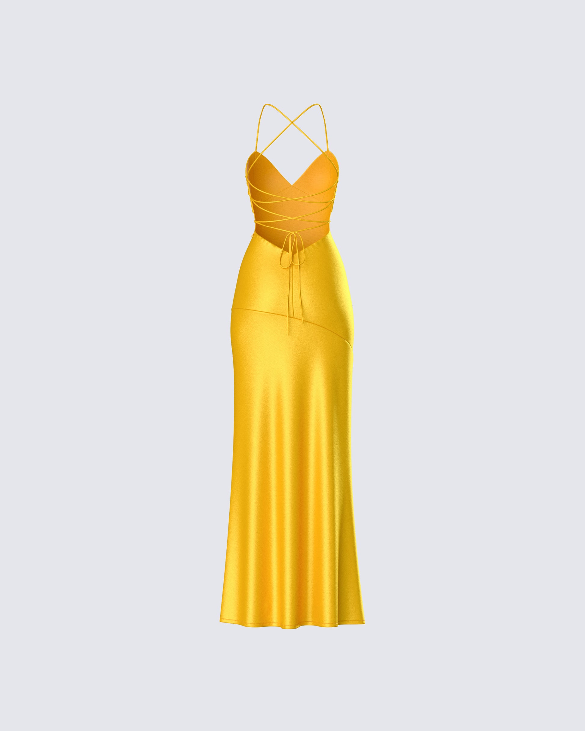 Yellow Satin Maxi Dress - Strappy Back Formal Gown FINESSE Yellow Satin Maxi Dress - Strappy Back Formal Gown FINESSE