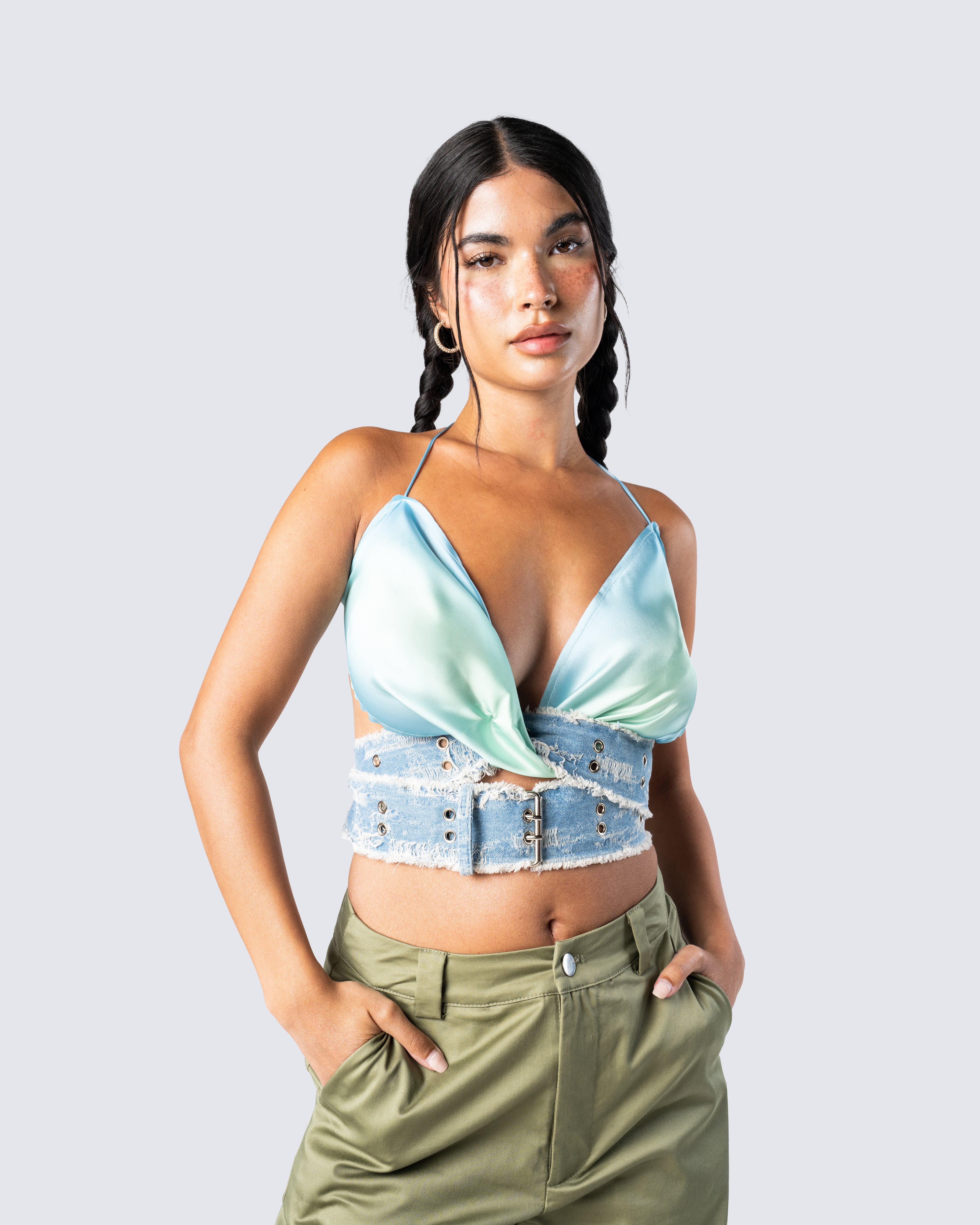 Irina Blue Satin Belted Halter Top