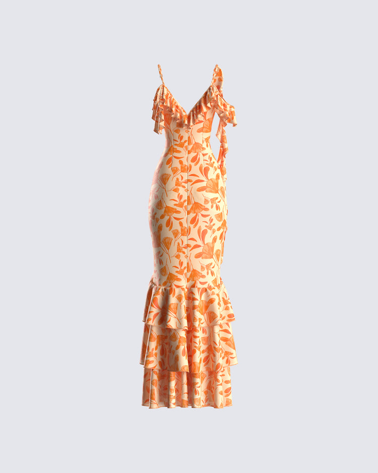 Olga Orange Flower Print Dress