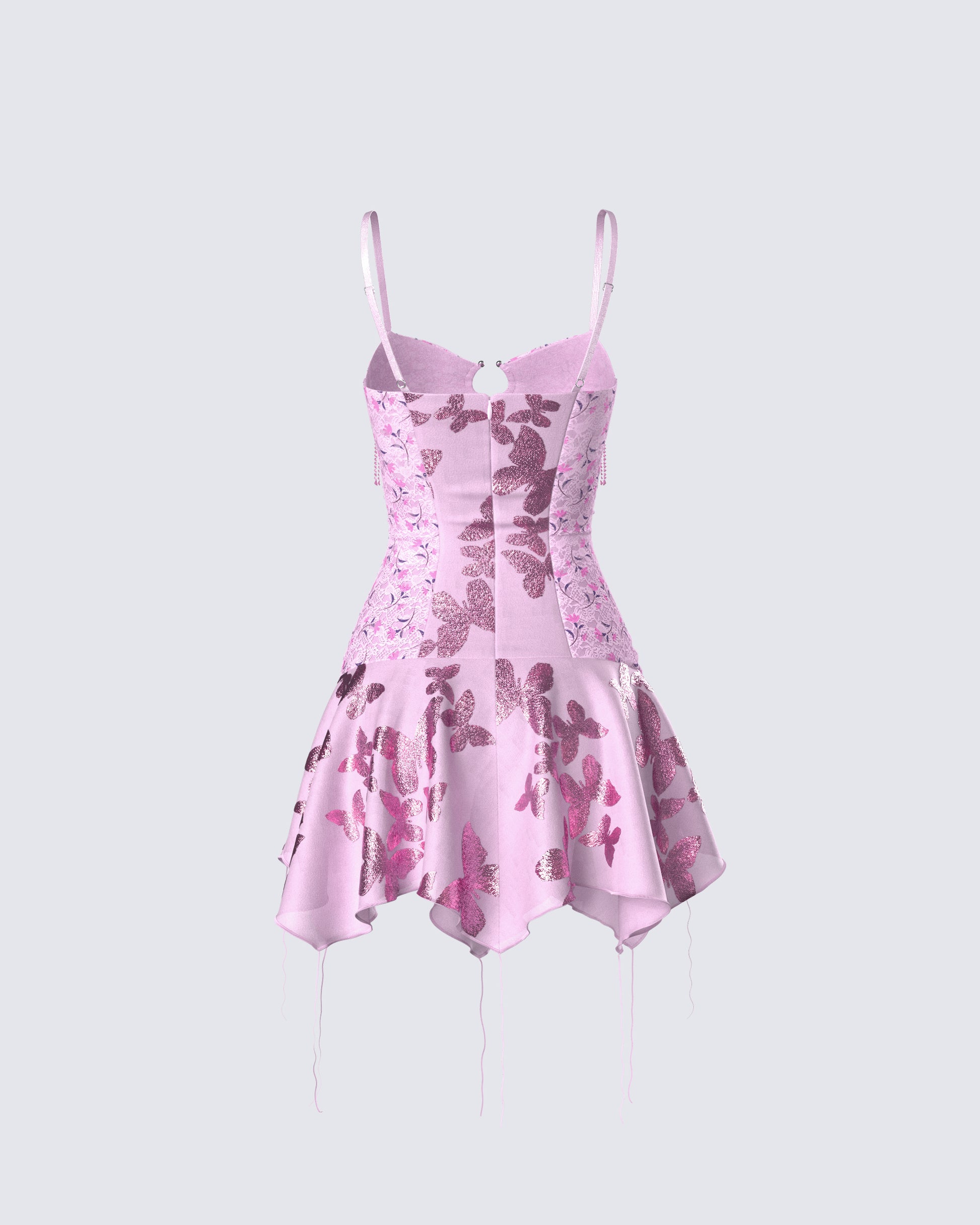 Pink Lace Sequin Mini Dress - Cutout Handkerchief Hem FINESSE Pink Lace Sequin Mini Dress - Cutout Handkerchief Hem FINESSE