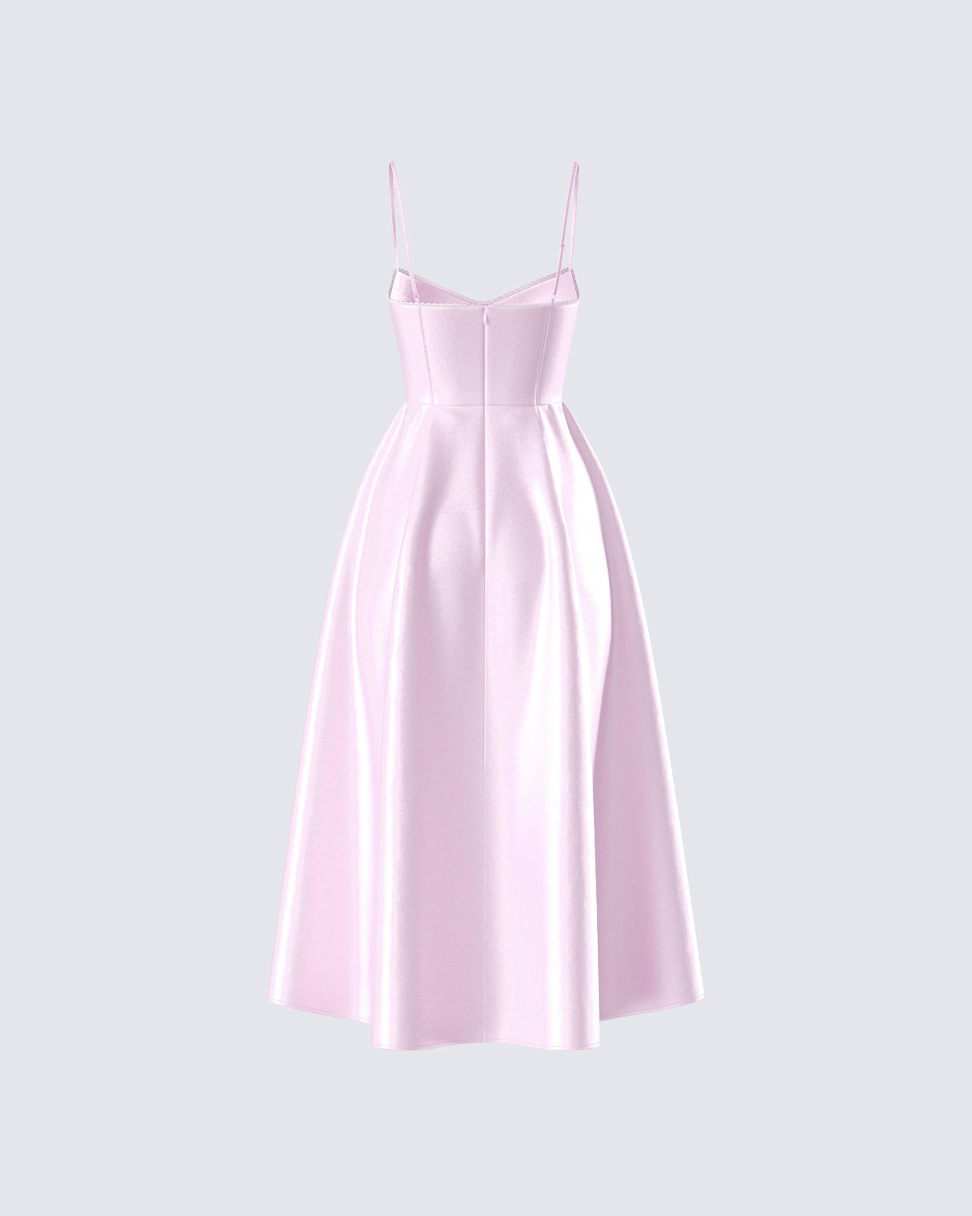 Pink Satin Midi Dress - Sweetheart Bustier A-Line FINESSE Pink Satin Midi Dress - Sweetheart Bustier A-Line FINESSE