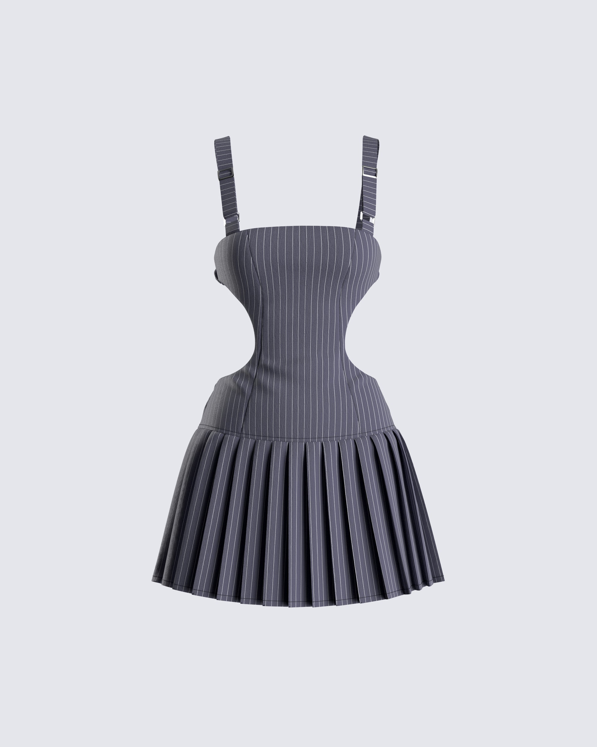 Grey Pinstripe Mini Dress - Cutout Sides Pleated Skirt FINESSE Grey Pinstripe Mini Dress - Cutout Sides Pleated Skirt FINESSE