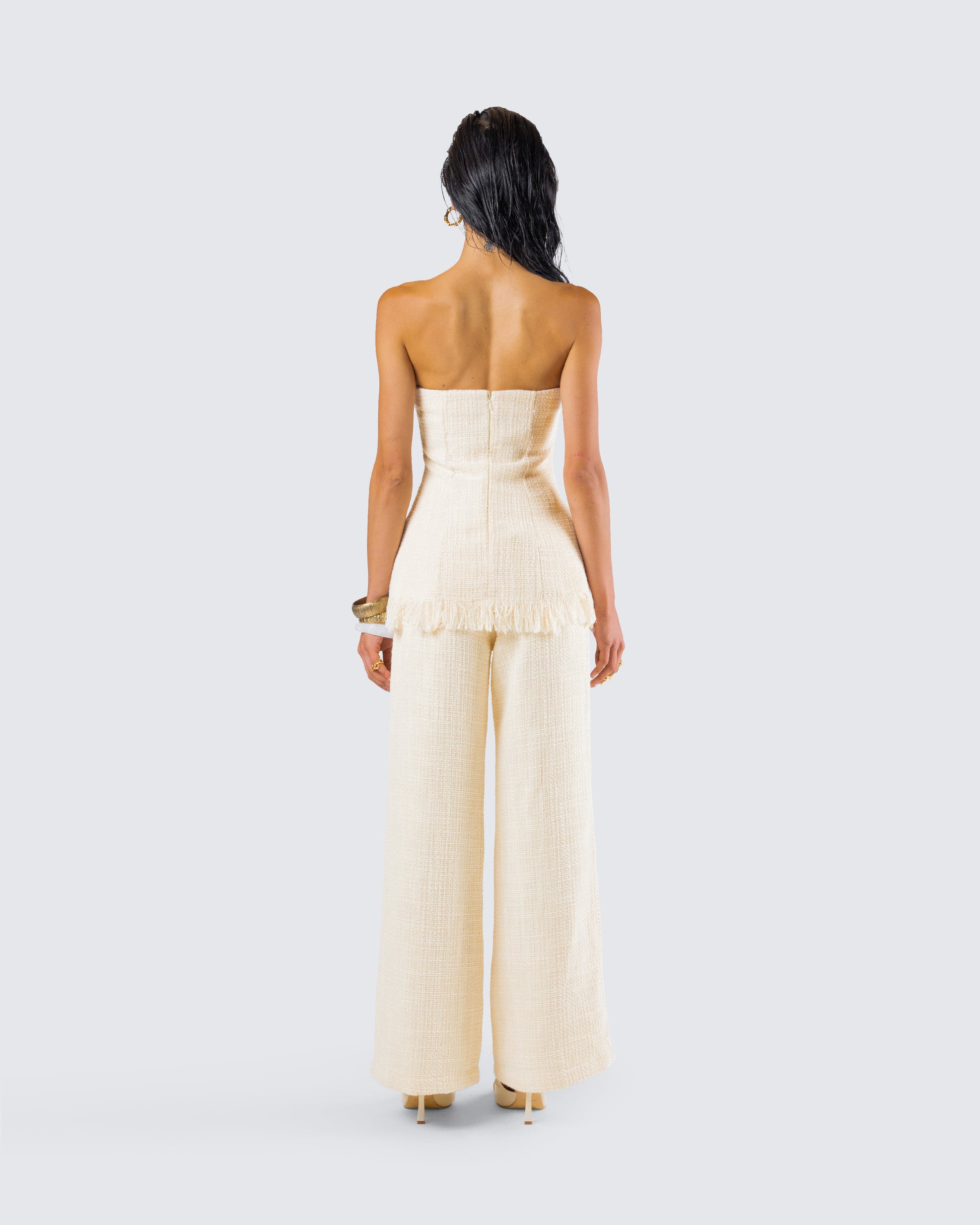 Ivory Tweed Two-Piece Set - Strapless Top + Wide Leg Pants FINESSE Ivory Tweed Two-Piece Set - Strapless Top + Wide Leg Pants FINESSE