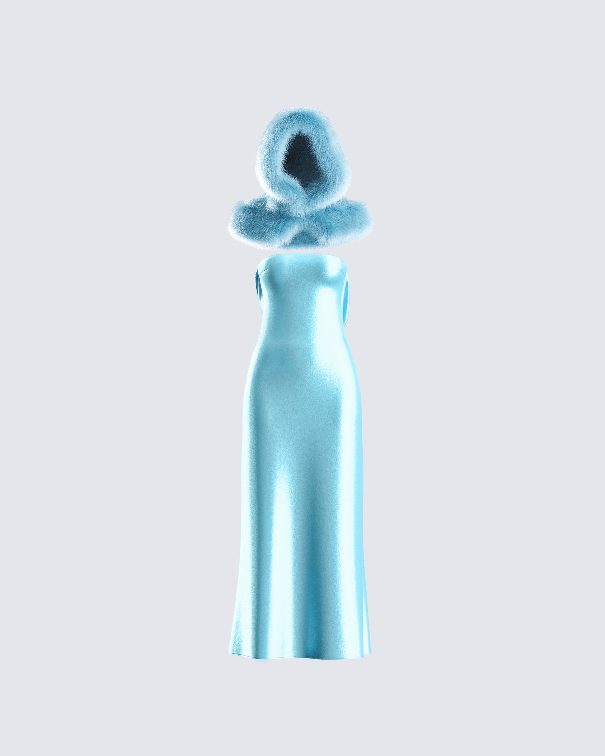 Blue Satin Maxi Dress - Faux Fur Trim Holiday Party FINESSE Blue Satin Maxi Dress - Faux Fur Trim Holiday Party FINESSE