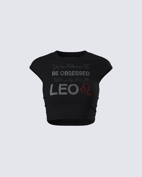 Black Leo Graphic Crop Top - Rhinestone Zodiac Tee – FINESSE