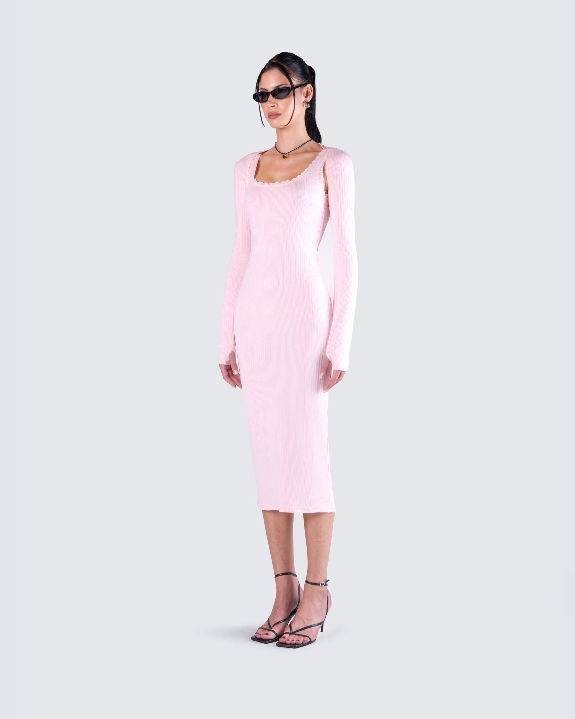 Pink Ribbed Midi Dress - Bodycon Tank Style FINESSE Pink Ribbed Midi Dress - Bodycon Tank Style FINESSE