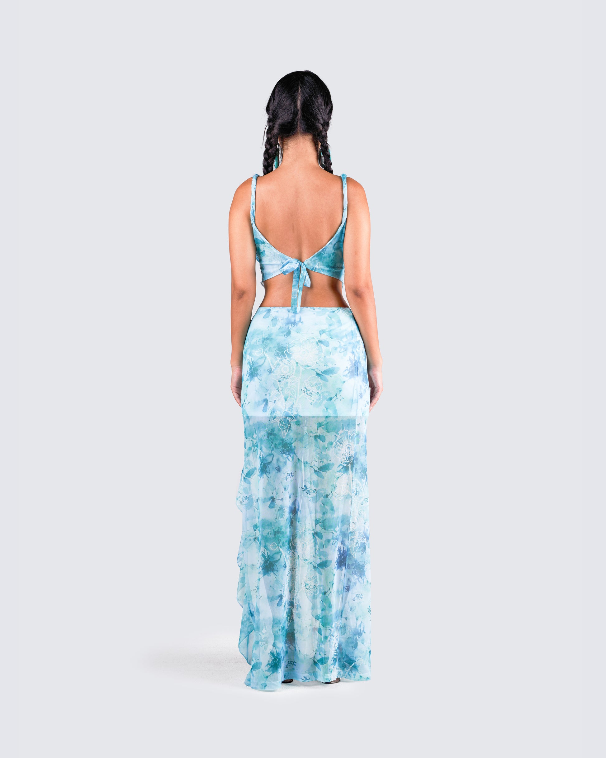 blue floral two piece dress Strapless Floral Corset Two Piece Dress Ivory Blue