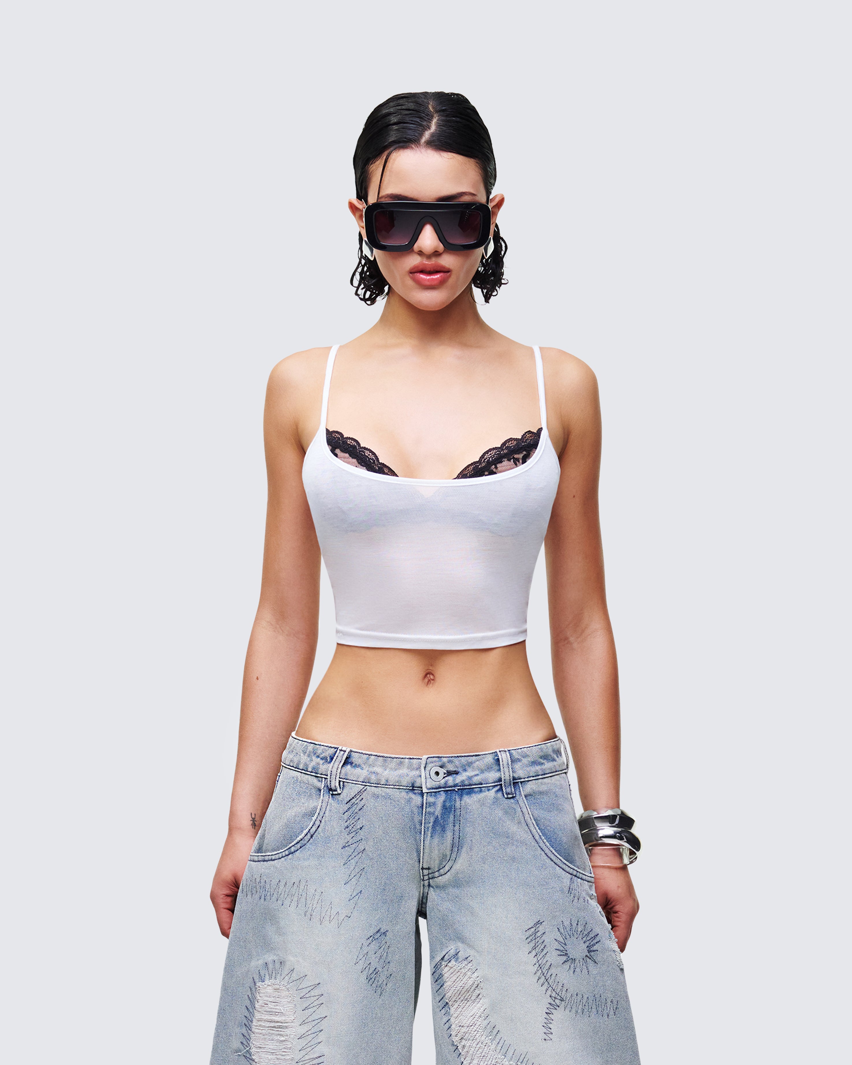 White Cami Top with Black Lace Trim - Fitted Tank – FINESSE