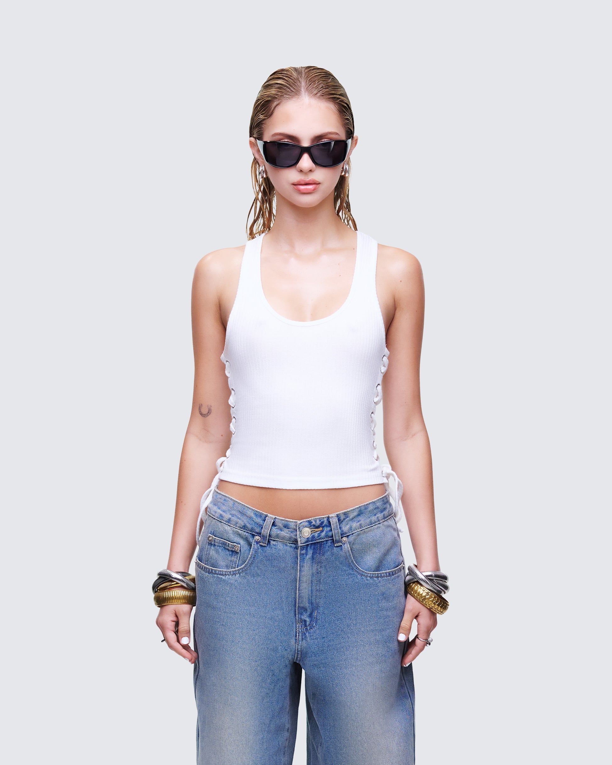 Nixie White Lace Up Tank model front