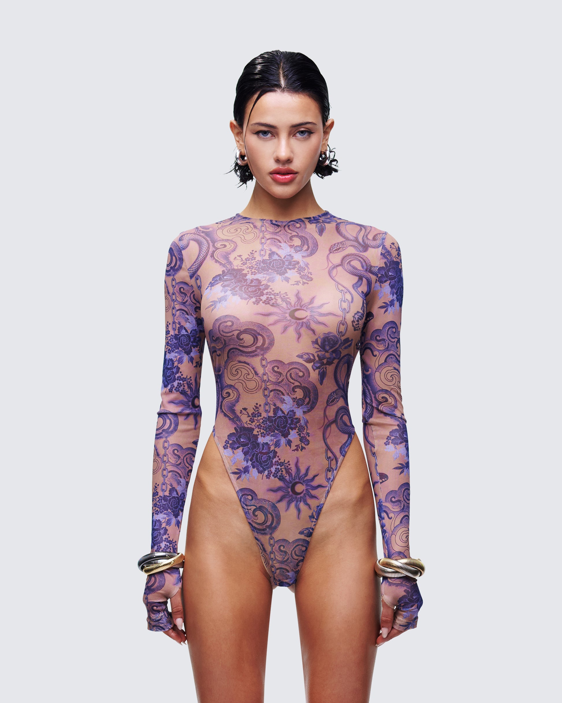 Thorne Multi Mesh Tattoo Printed Bodysuit model front