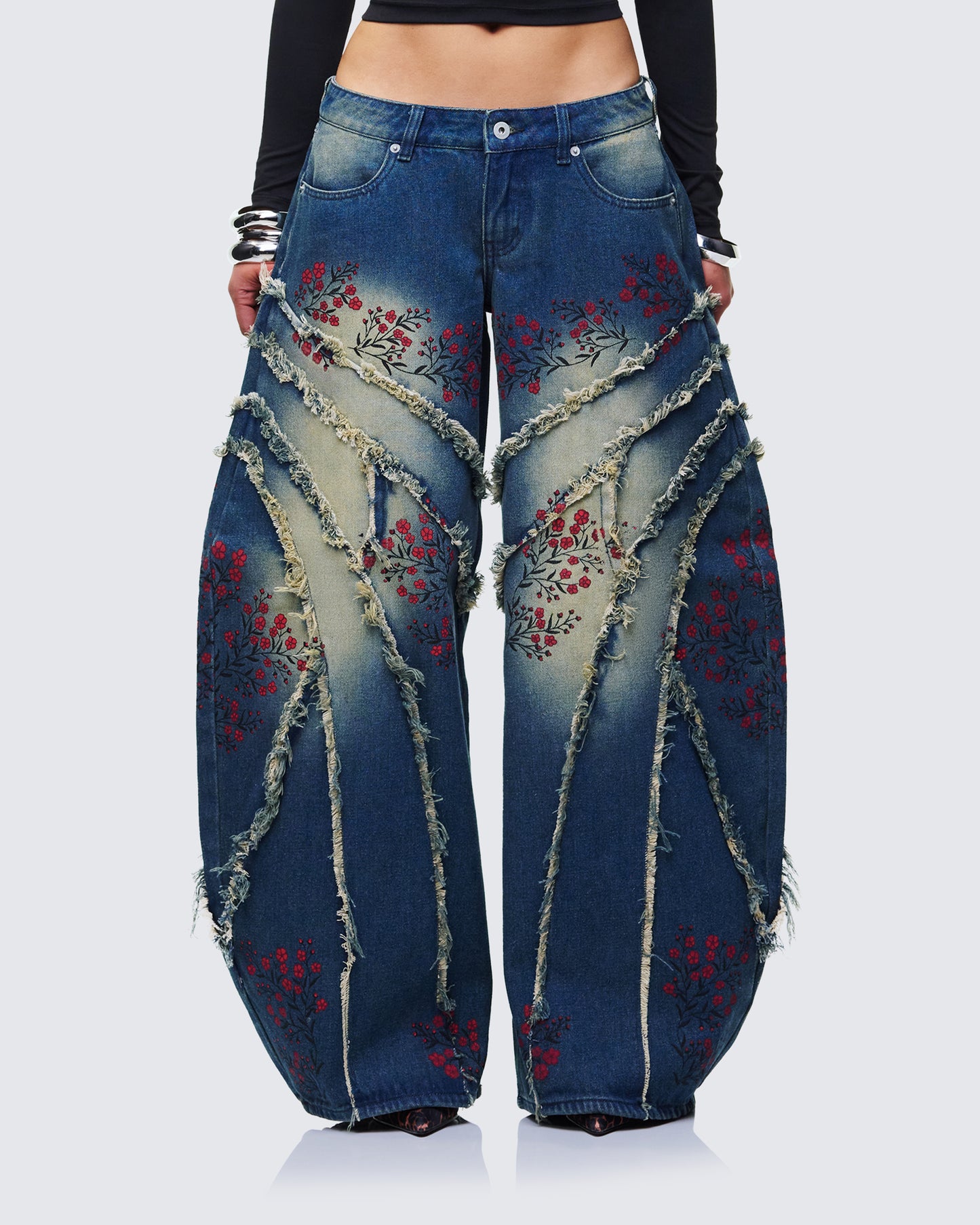 Dawn Blue Denim Floral Painted Jean model front