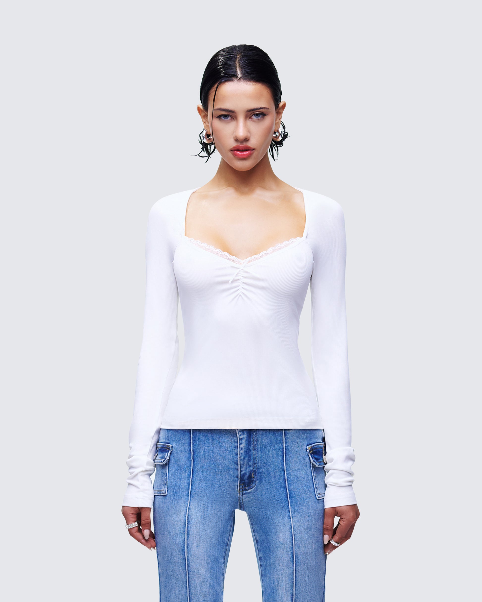 Draya White Rib Lace Top model front