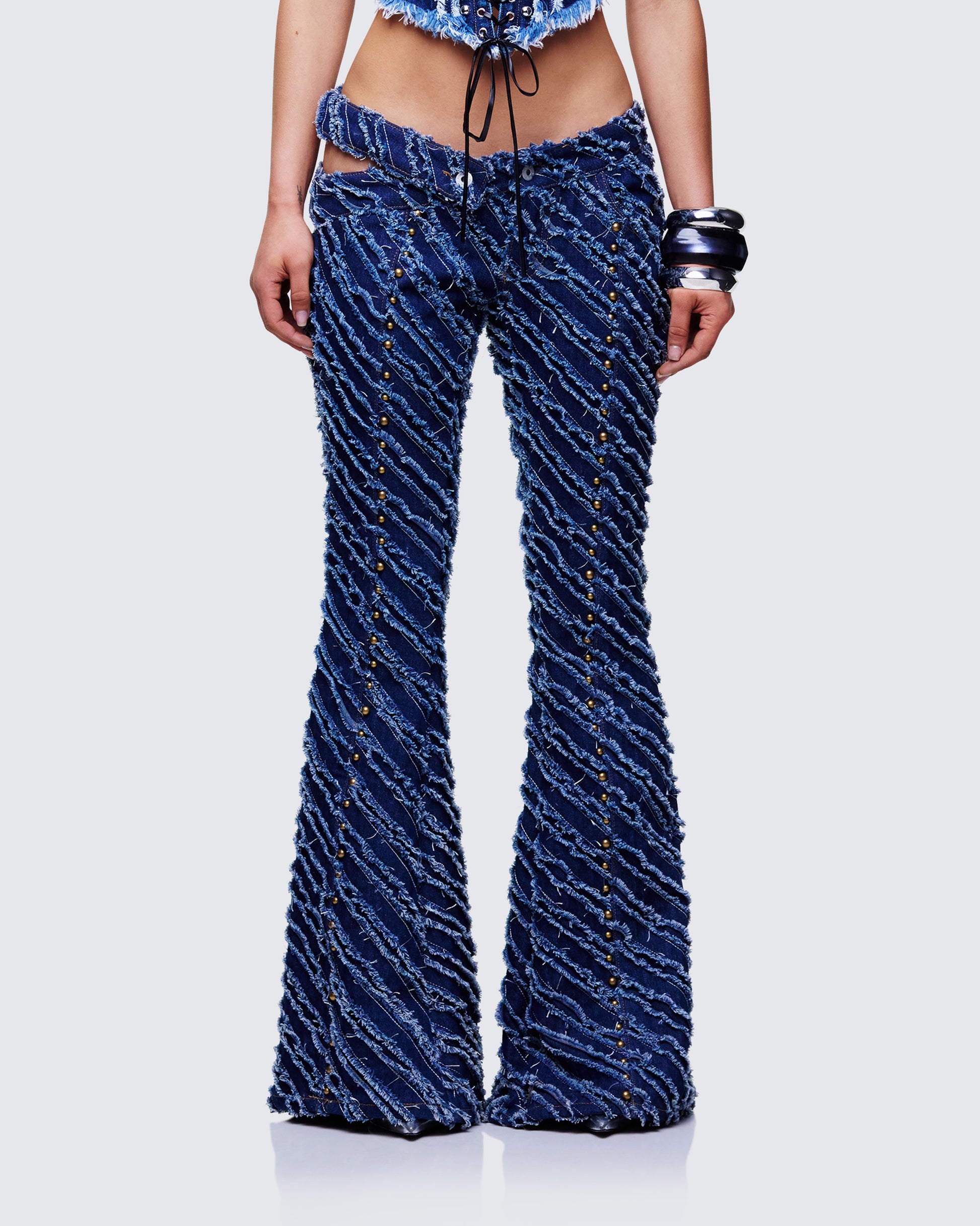 Aviv Blue Denim Studded Flared Jeans model front