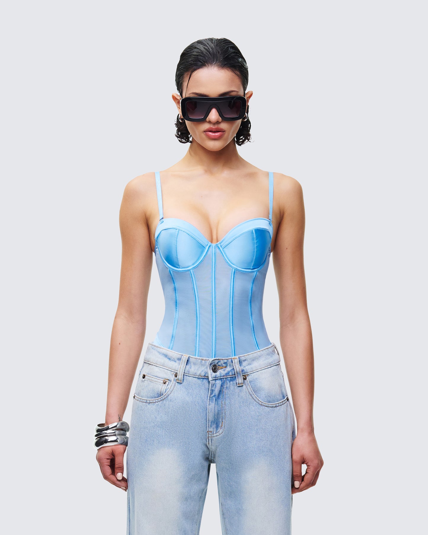Cinderella Blue Mesh Detachable Strap Bodysuit model front