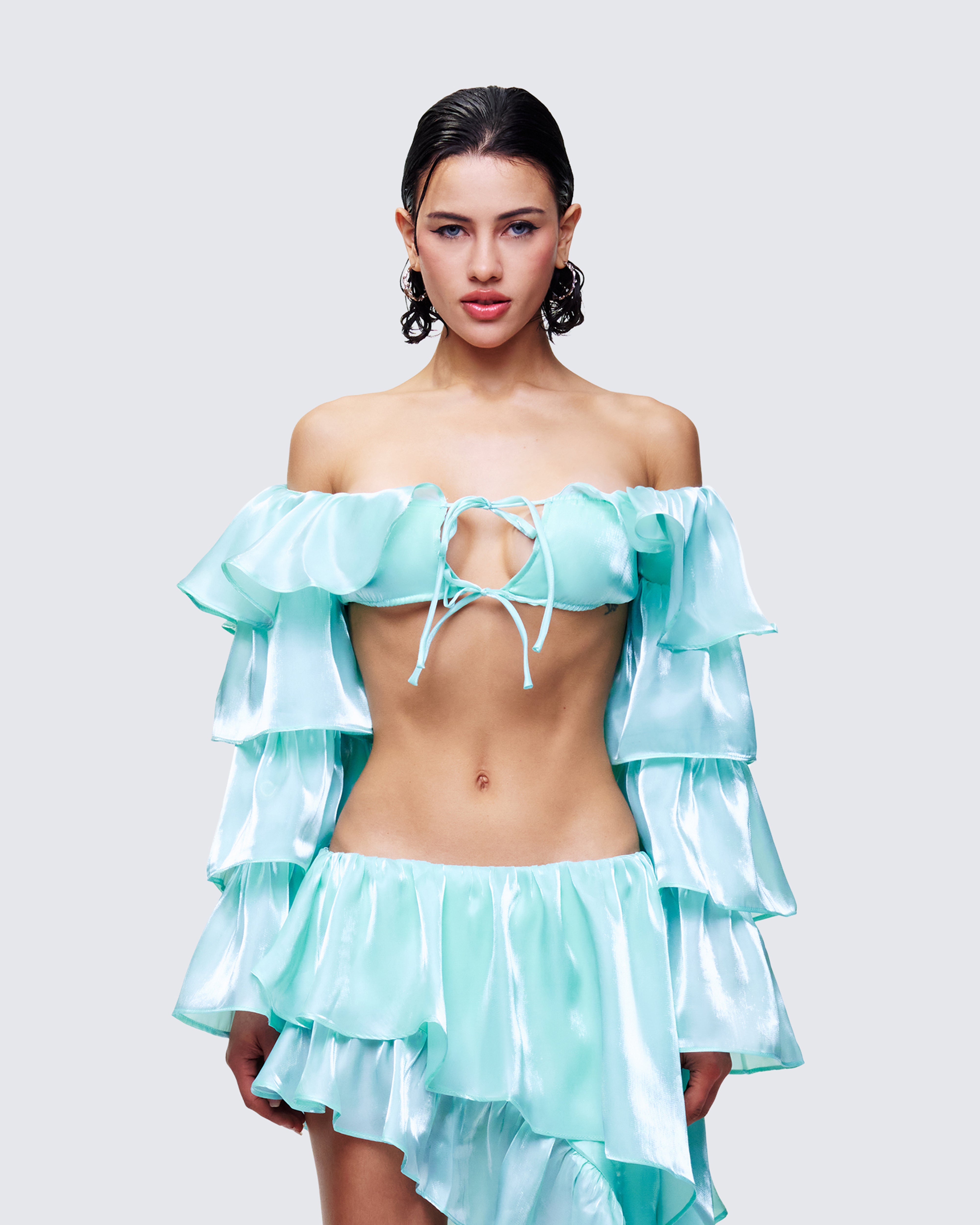 Mint Green Ruffle Sleeve Crop Top - Off Shoulder – FINESSE