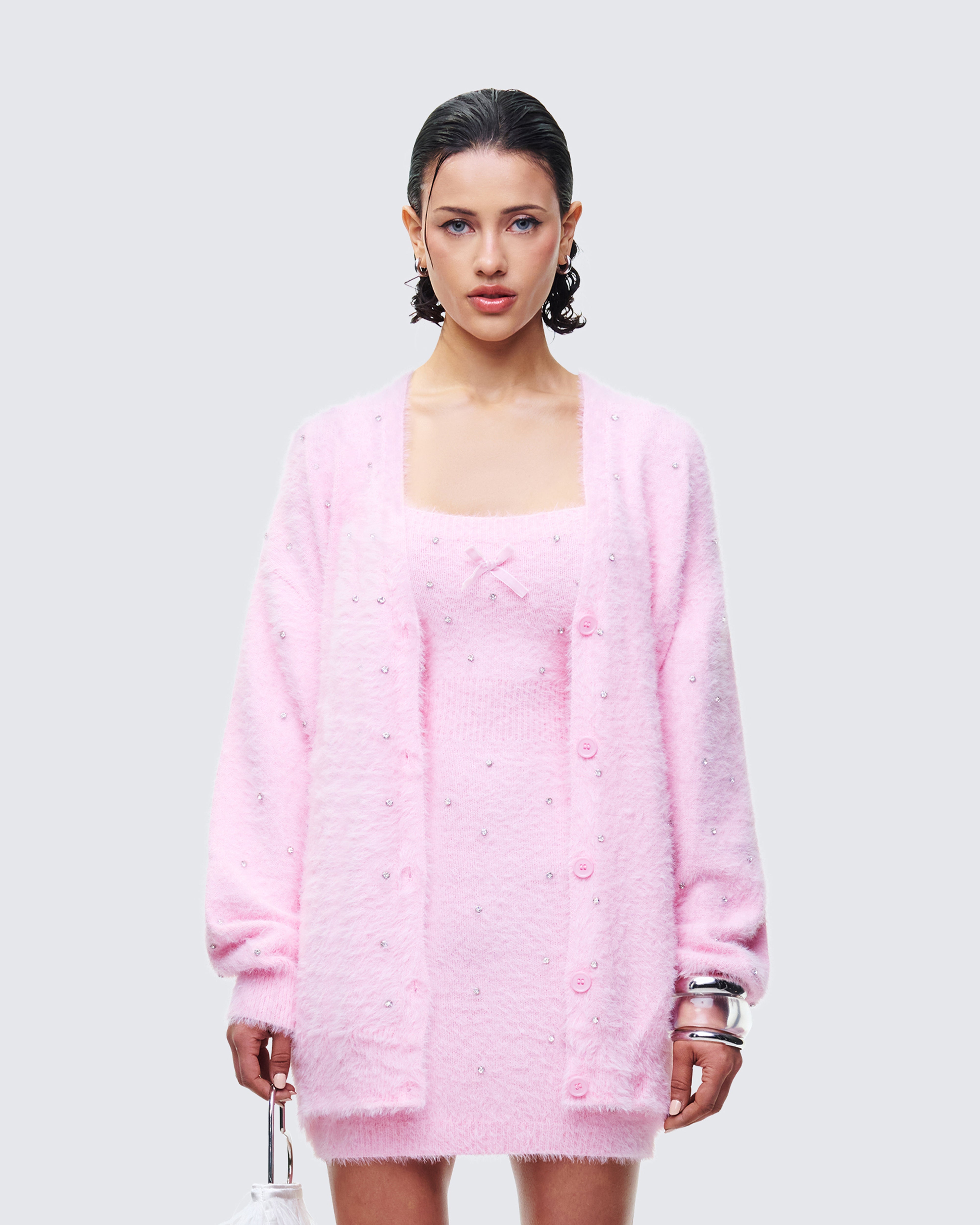 Pink Fuzzy Cardigan - Pearl Embellished Sweater – FINESSE
