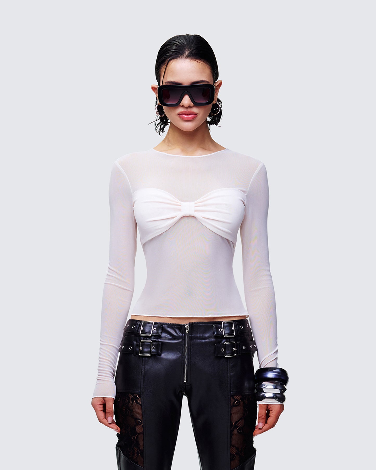Orpheus White Mesh Long Sleeve Top model front