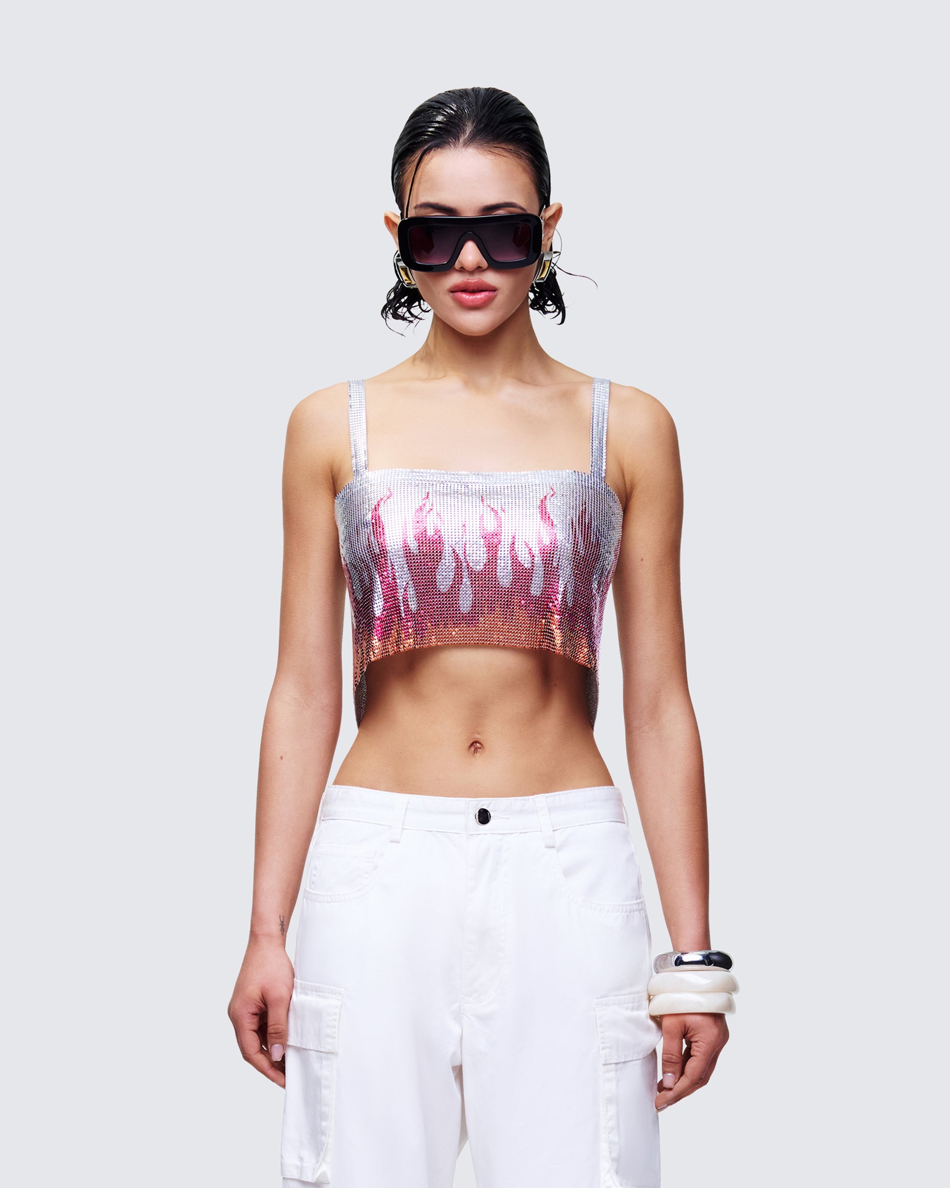 Lilia Multi Flame Chainmail Top model front