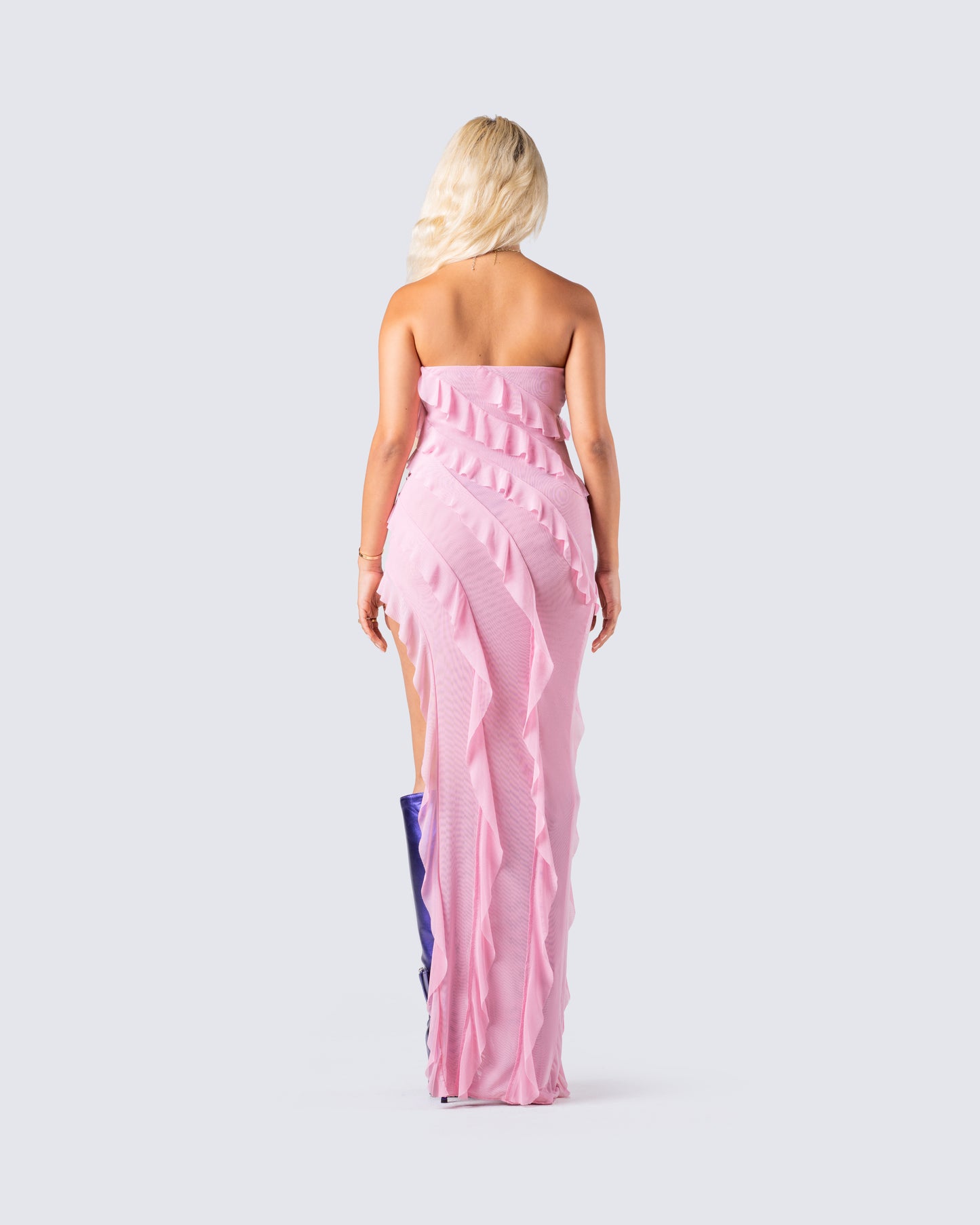 Pre-Order: Pink Floral Mesh Ruffle Maxi Dress