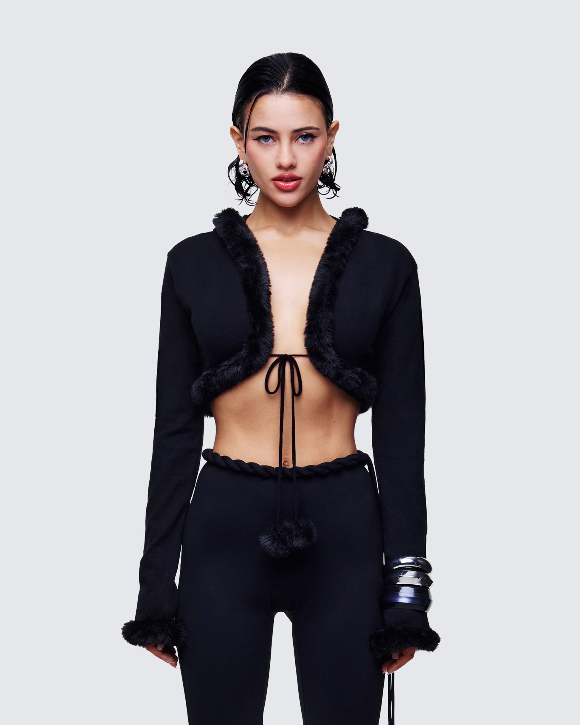 Shoshana Black Fur Trimmed Bow Tied Cardigan model front