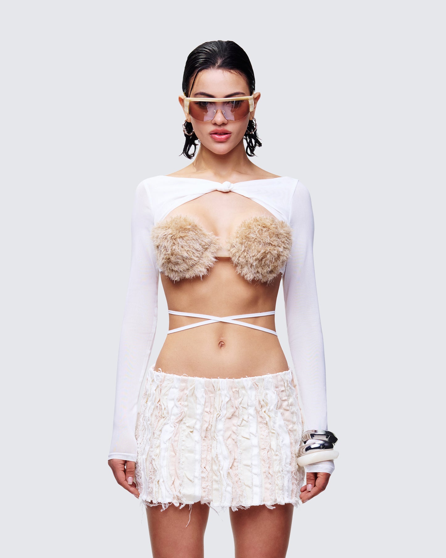 Eyra White Mesh Faux Fur Bust Wrap Top