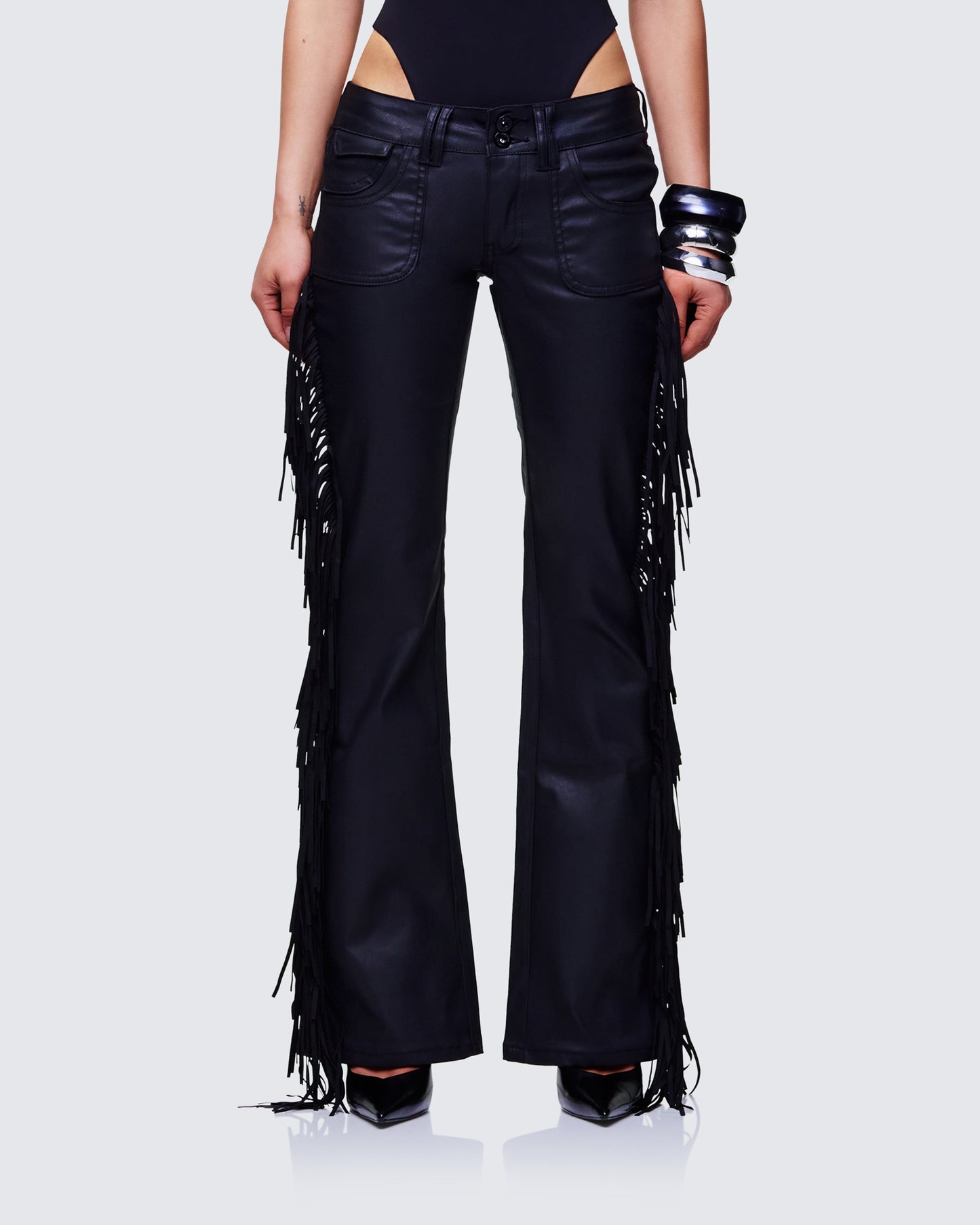 Delilah Black Denim Fringe Jeans model front