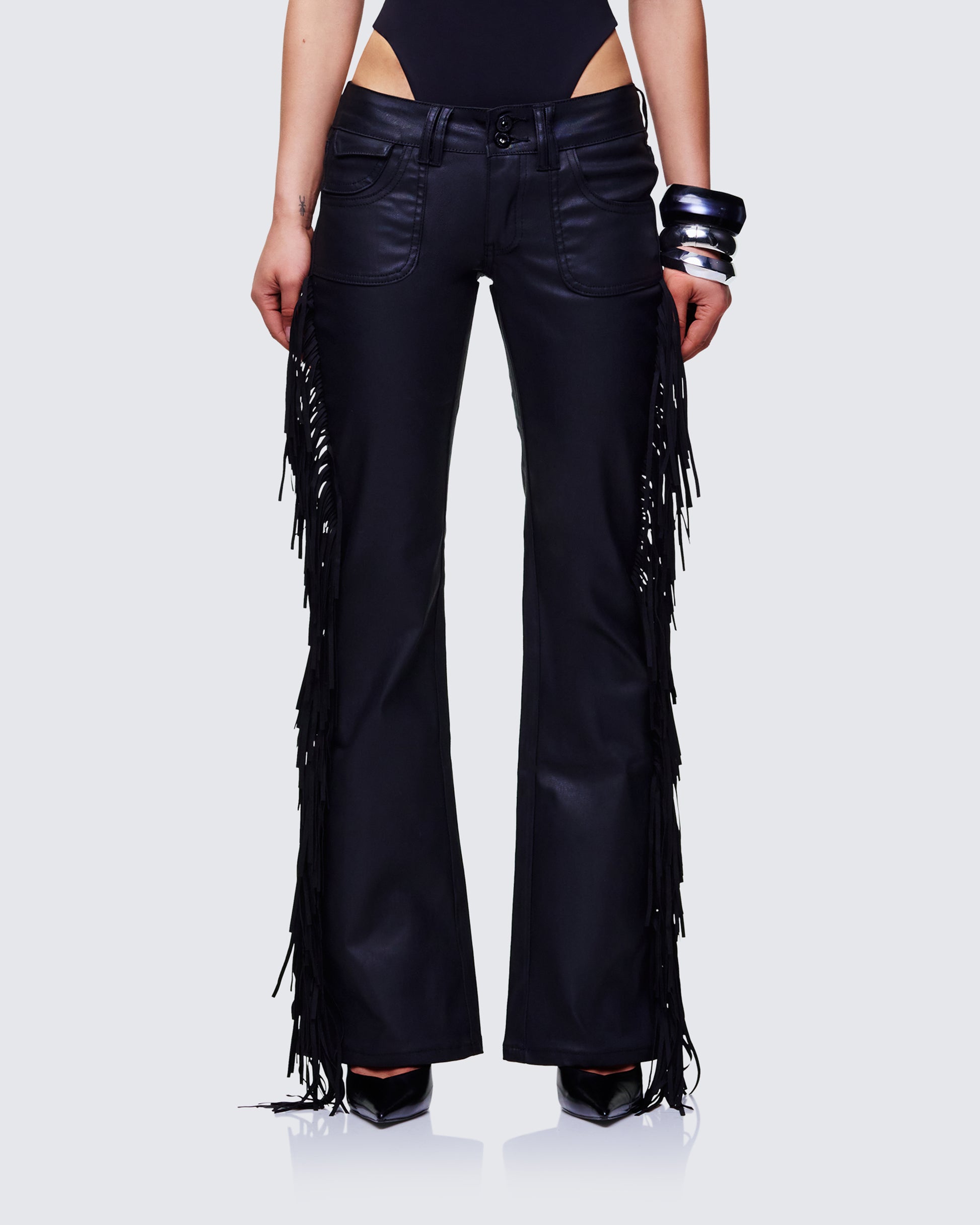 Delilah Black Denim Fringe Jeans model front