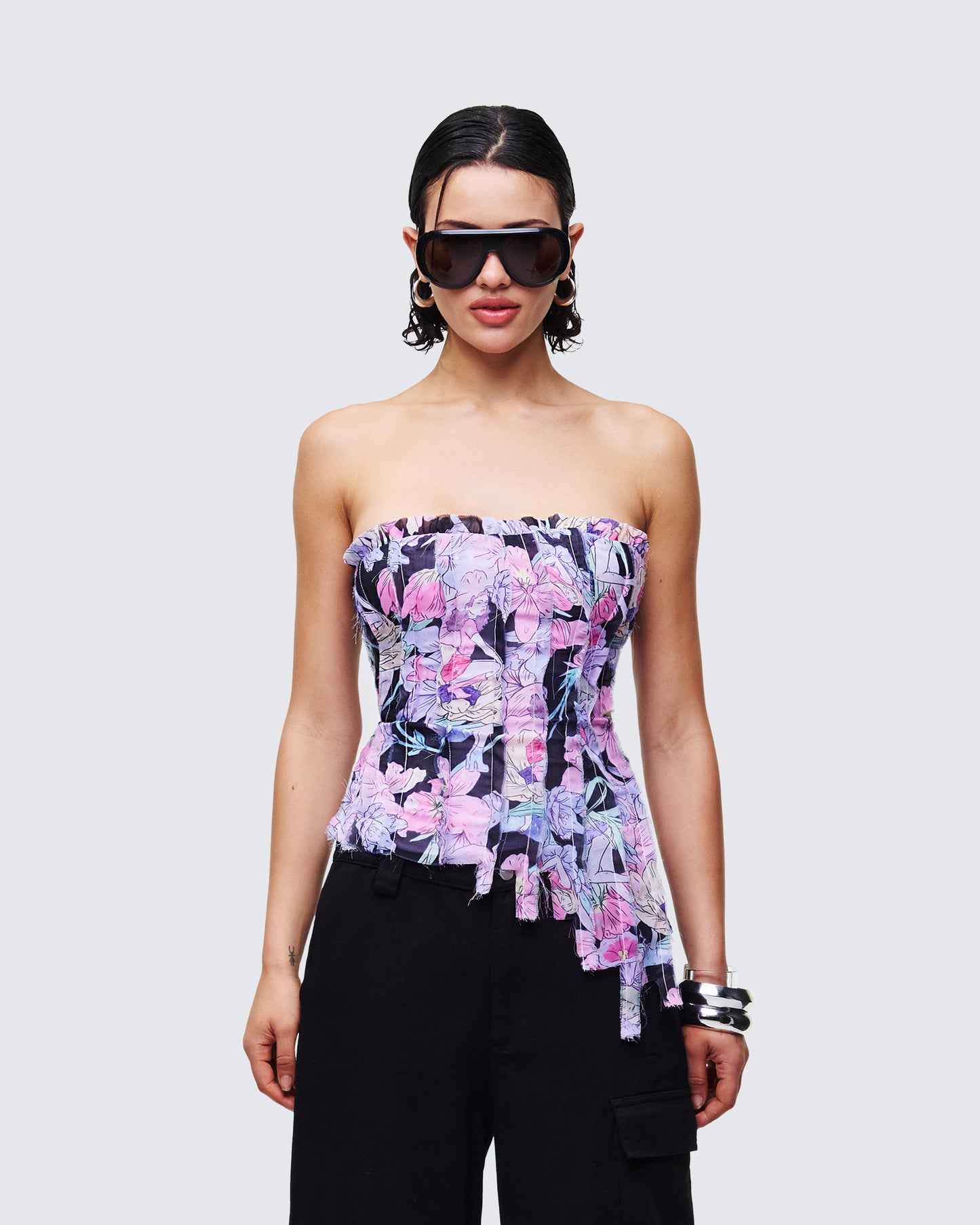 Claudette Black Printed Chiffon Corset Top model front