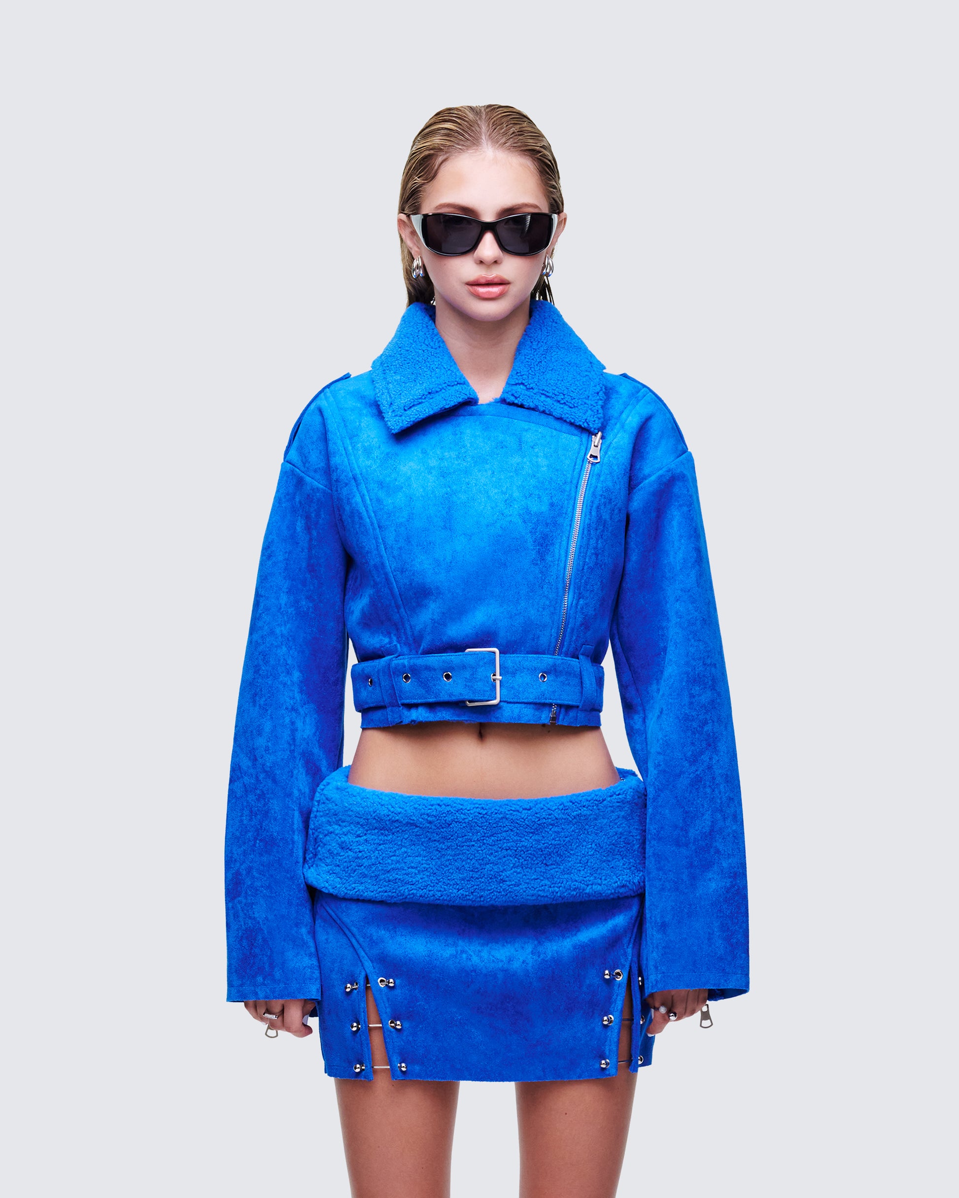 Ramona Blue Vegan Shearling Jacket model front