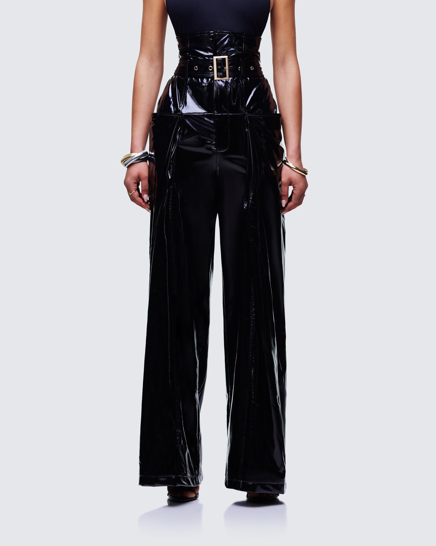 Melusine Black Vegan Leather Belted Paperbag Trousers model front
