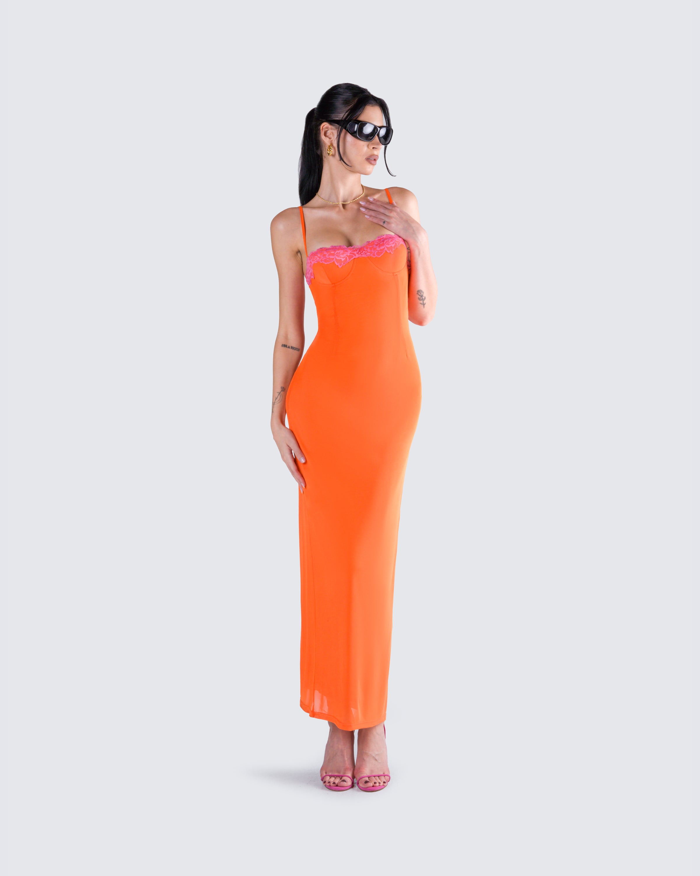 Ayesha Orange Mesh Maxi Dress