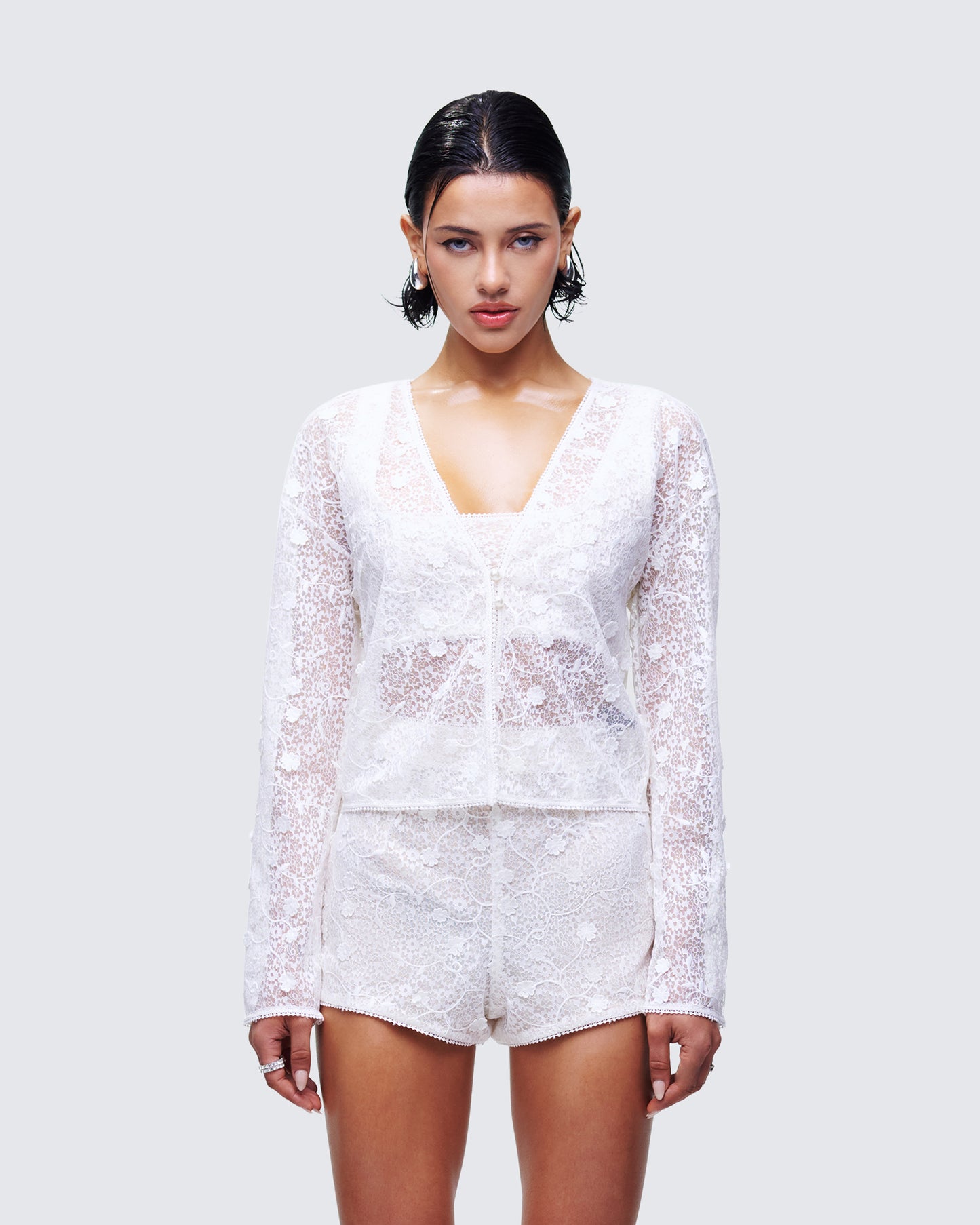 Keturah White Embroidered Lace Cardigan model front