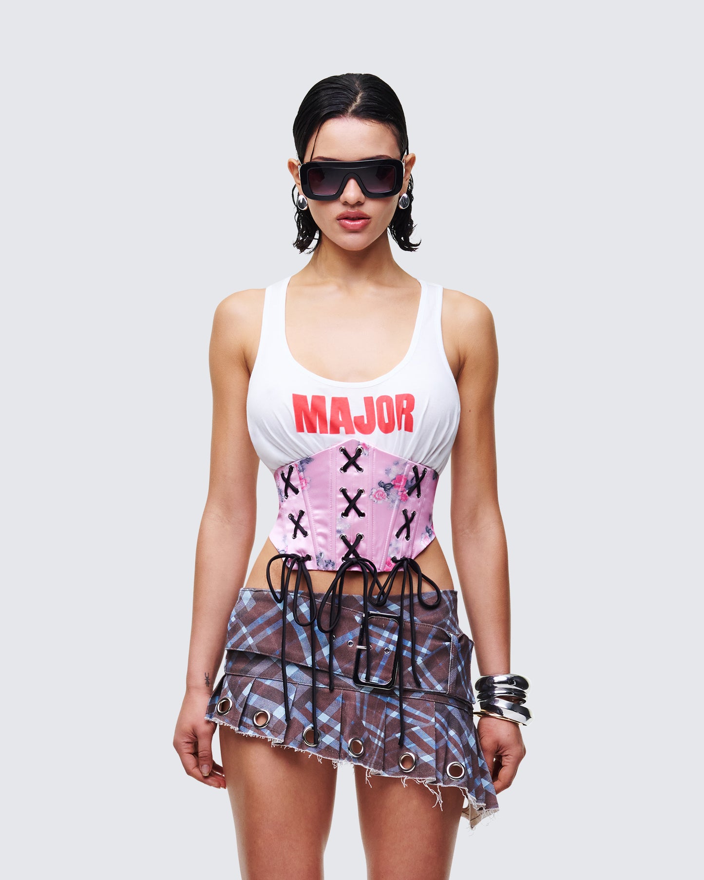 Jaxian Multi Printed Satin Jersey Mix Corset Top model front