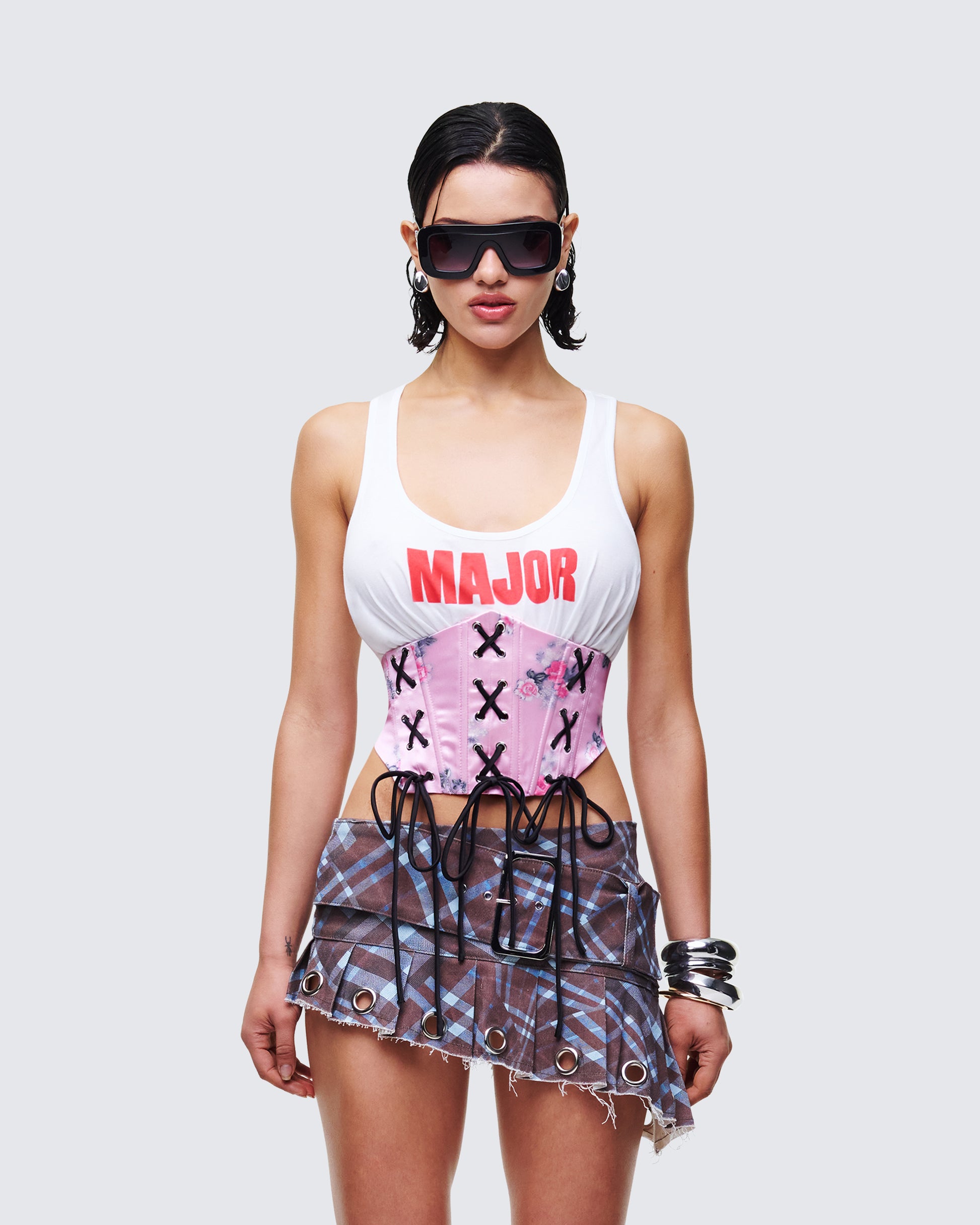 Jaxian Multi Printed Satin Jersey Mix Corset Top model front