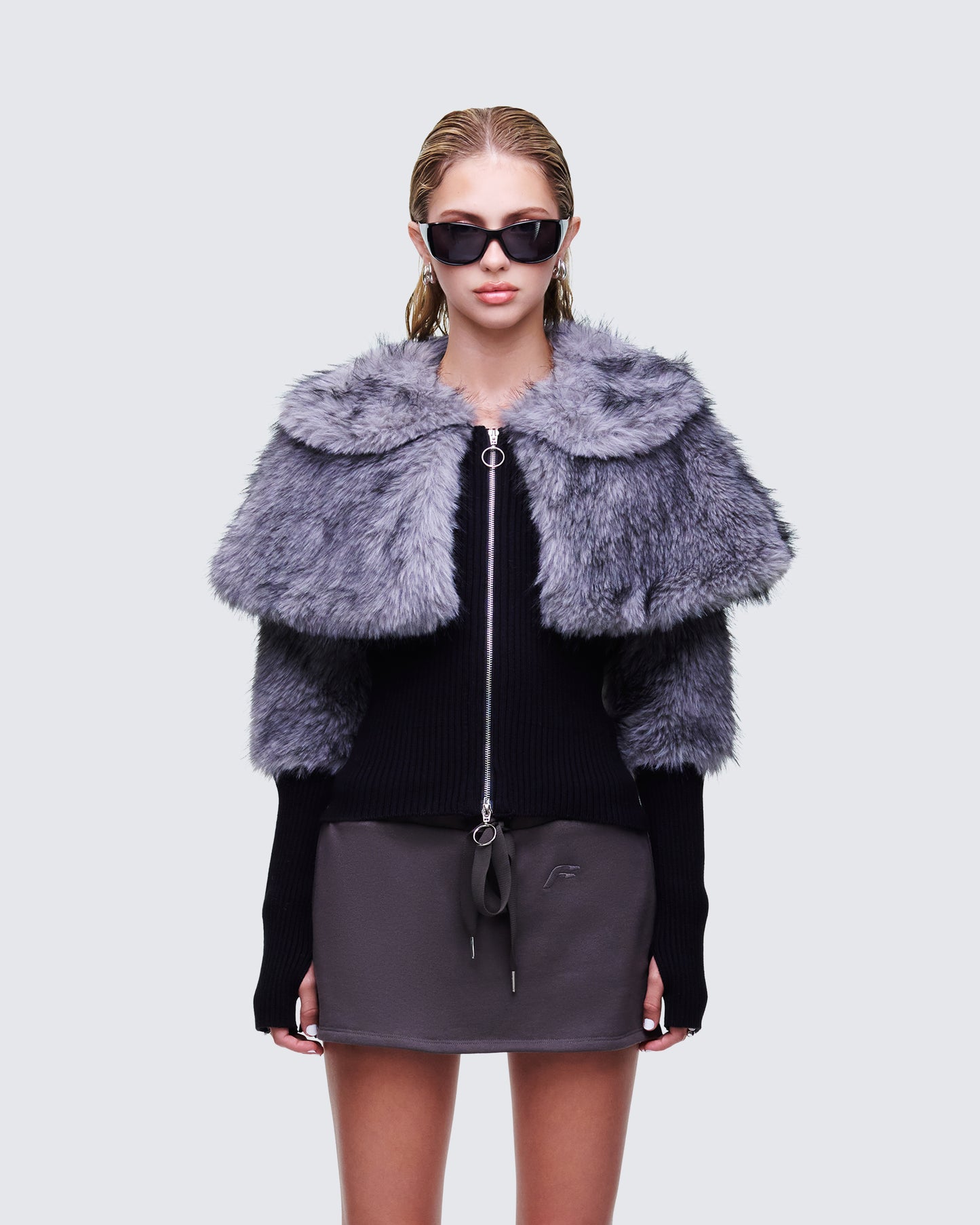 Talia Black Fur Cape Cardigan model front