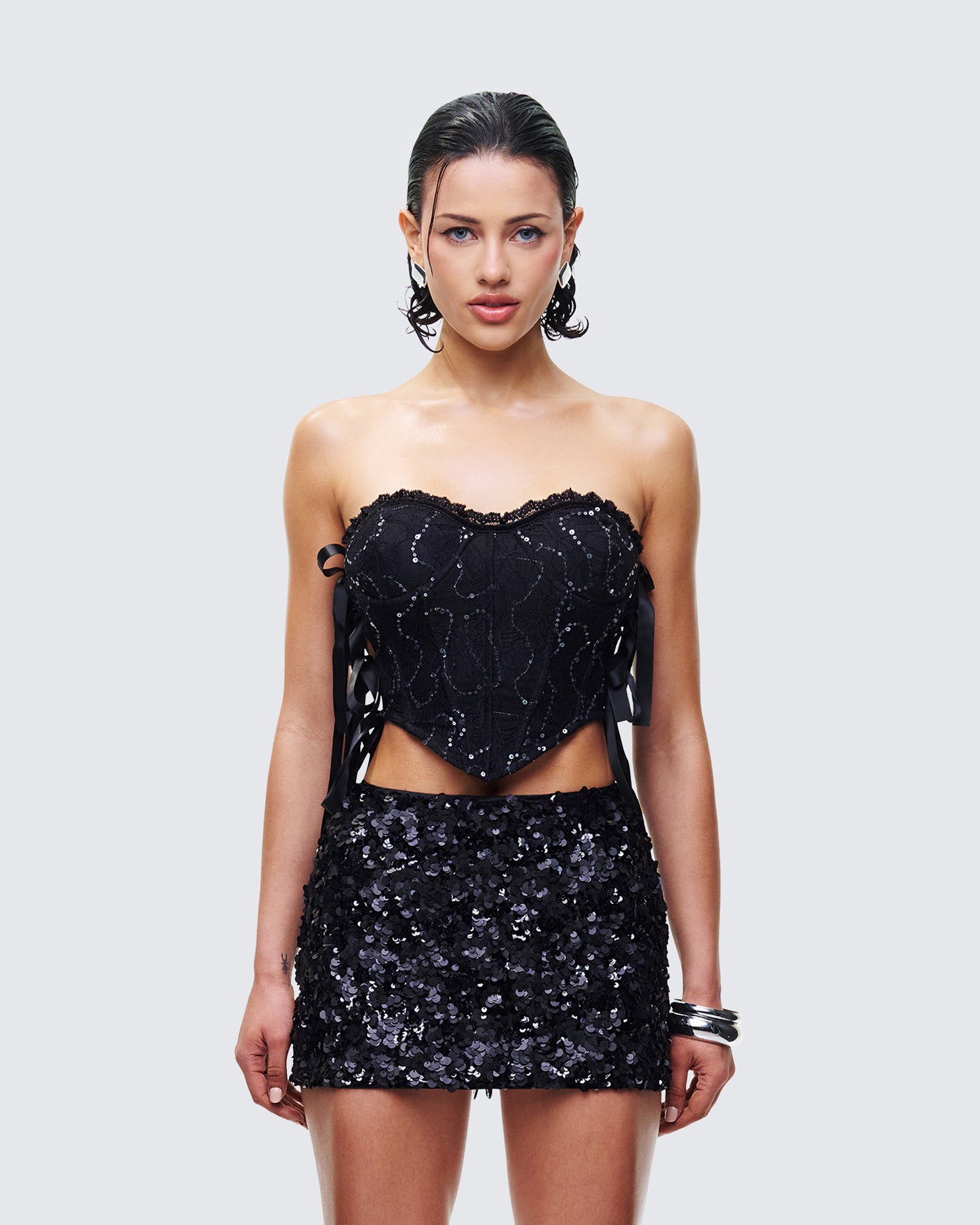 Cinday Black Sequin Side Tie Corset model front