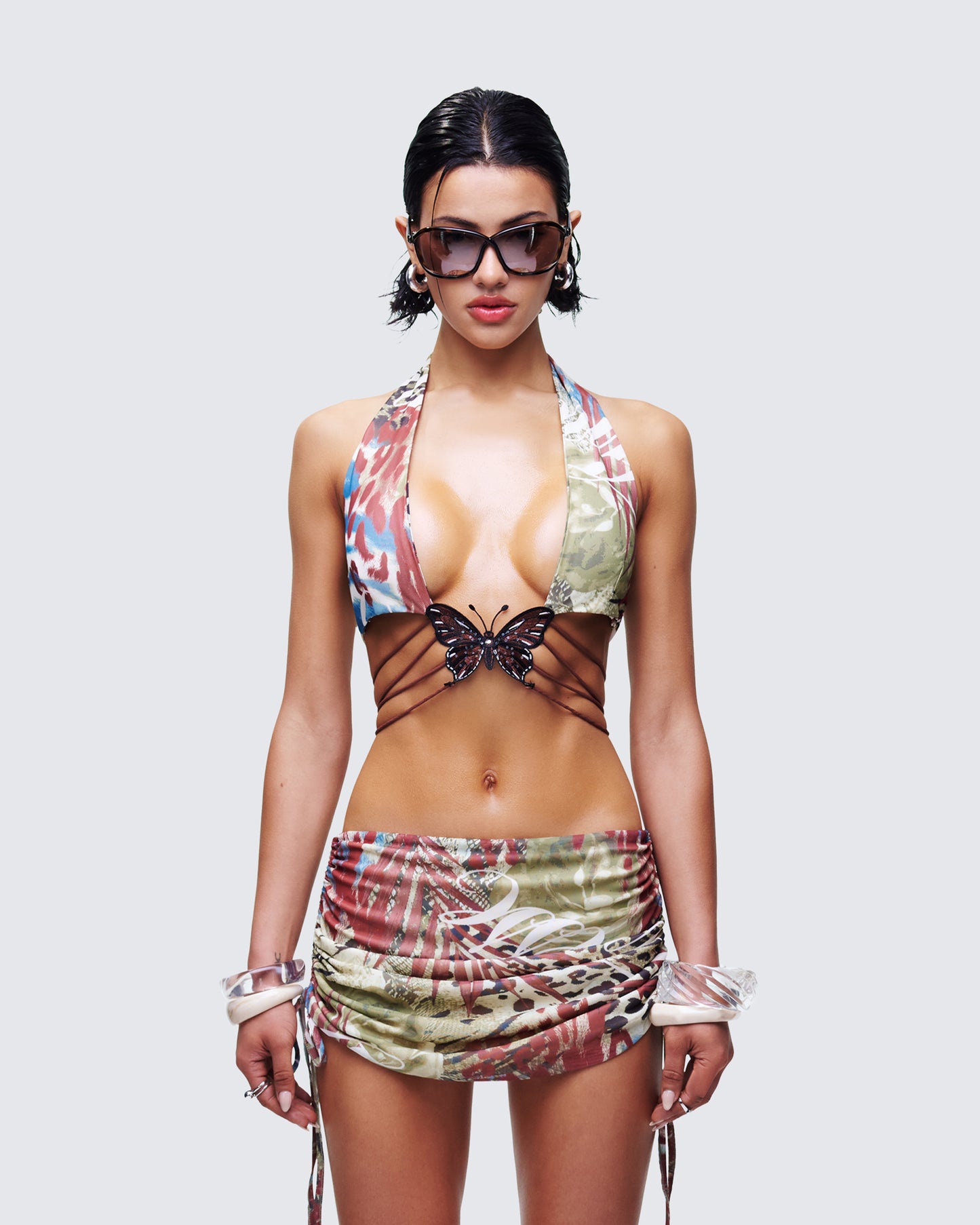 Cece Brown Printed Halterneck Top model front