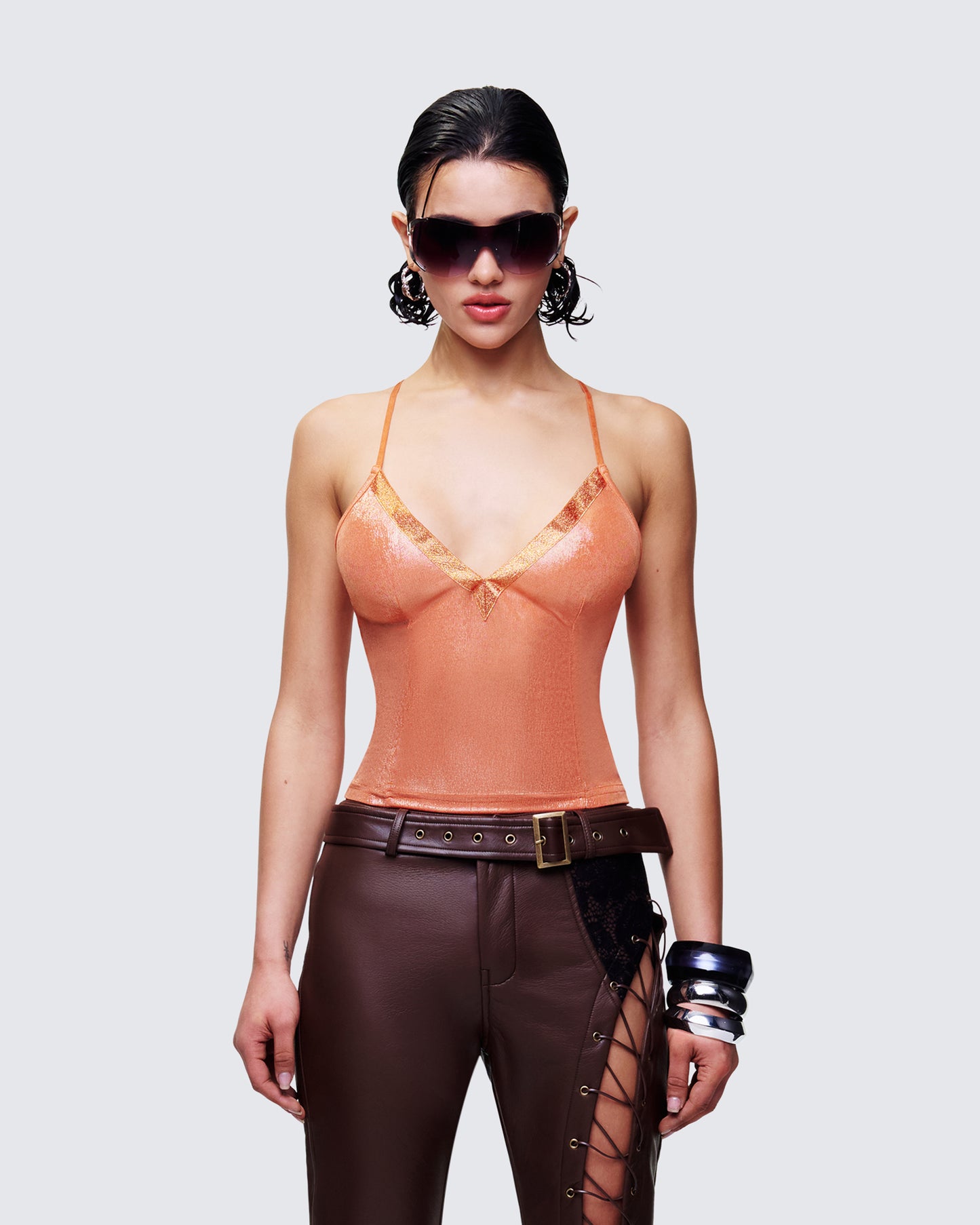 Teenay Gold Plunge Neck Strappy Cami model front