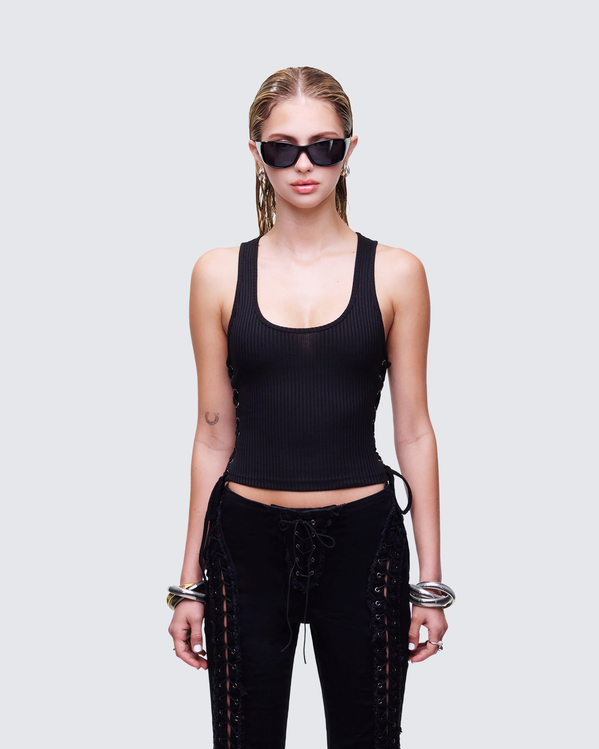 Nixie Black Lace Up Tank model front