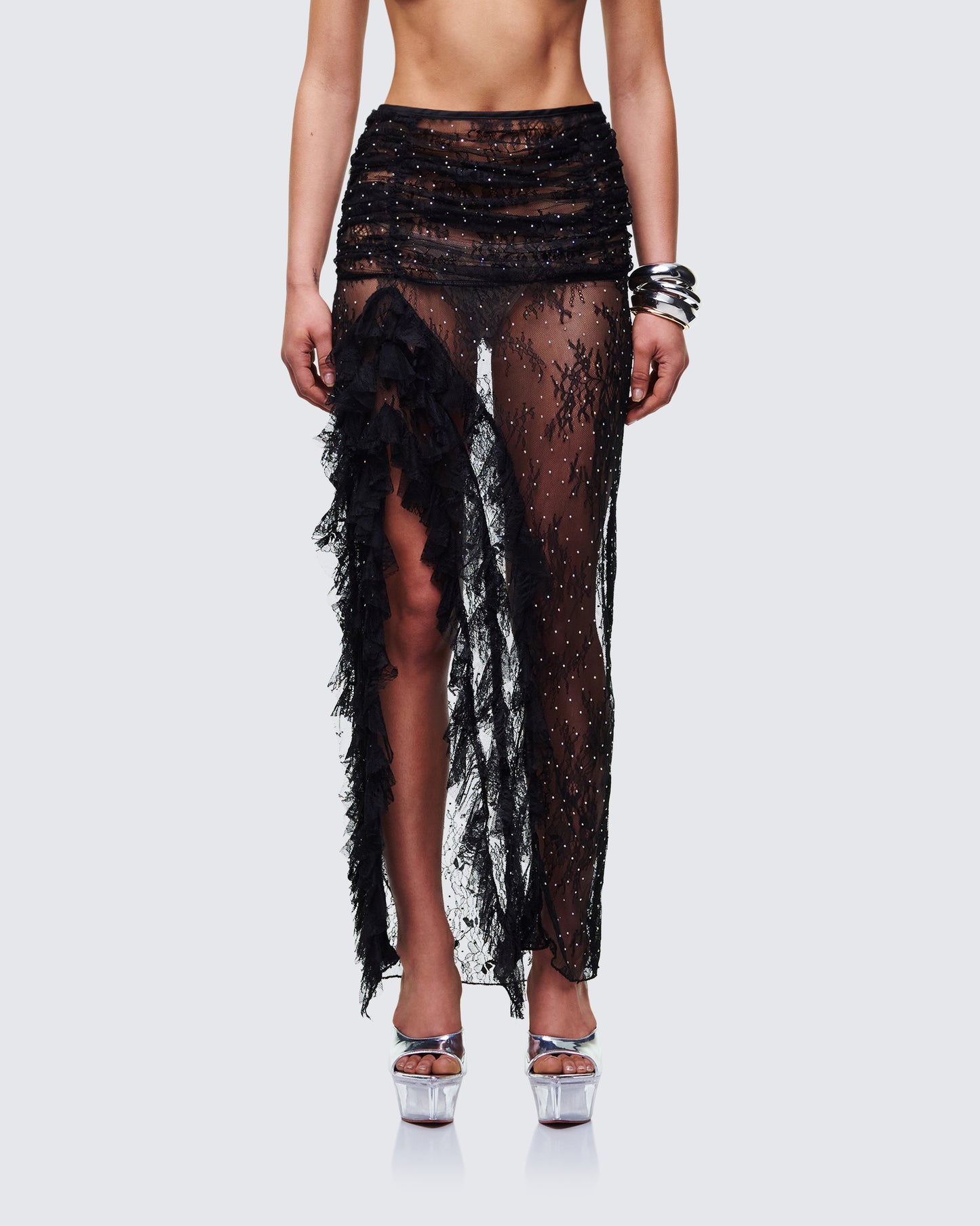 Elyra Black Lace Sheer Maxi Skirt model front