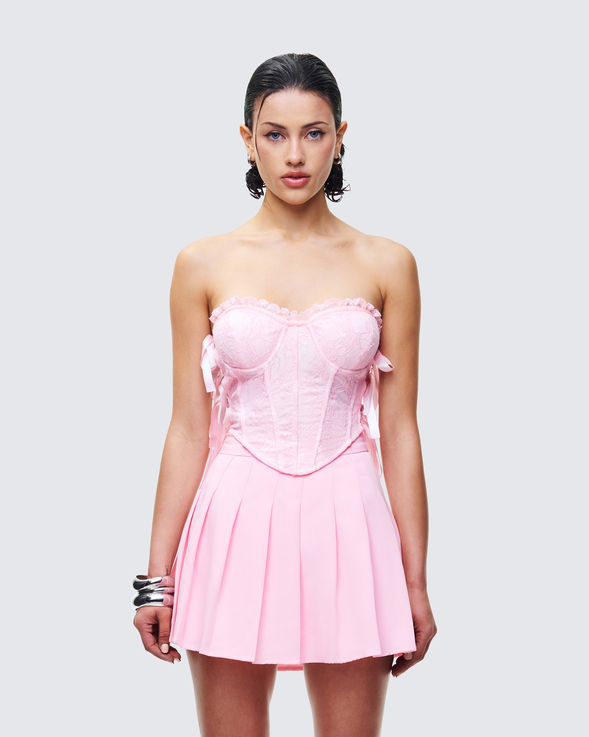 Cinday Pink Sequin Side Tie Corset model front