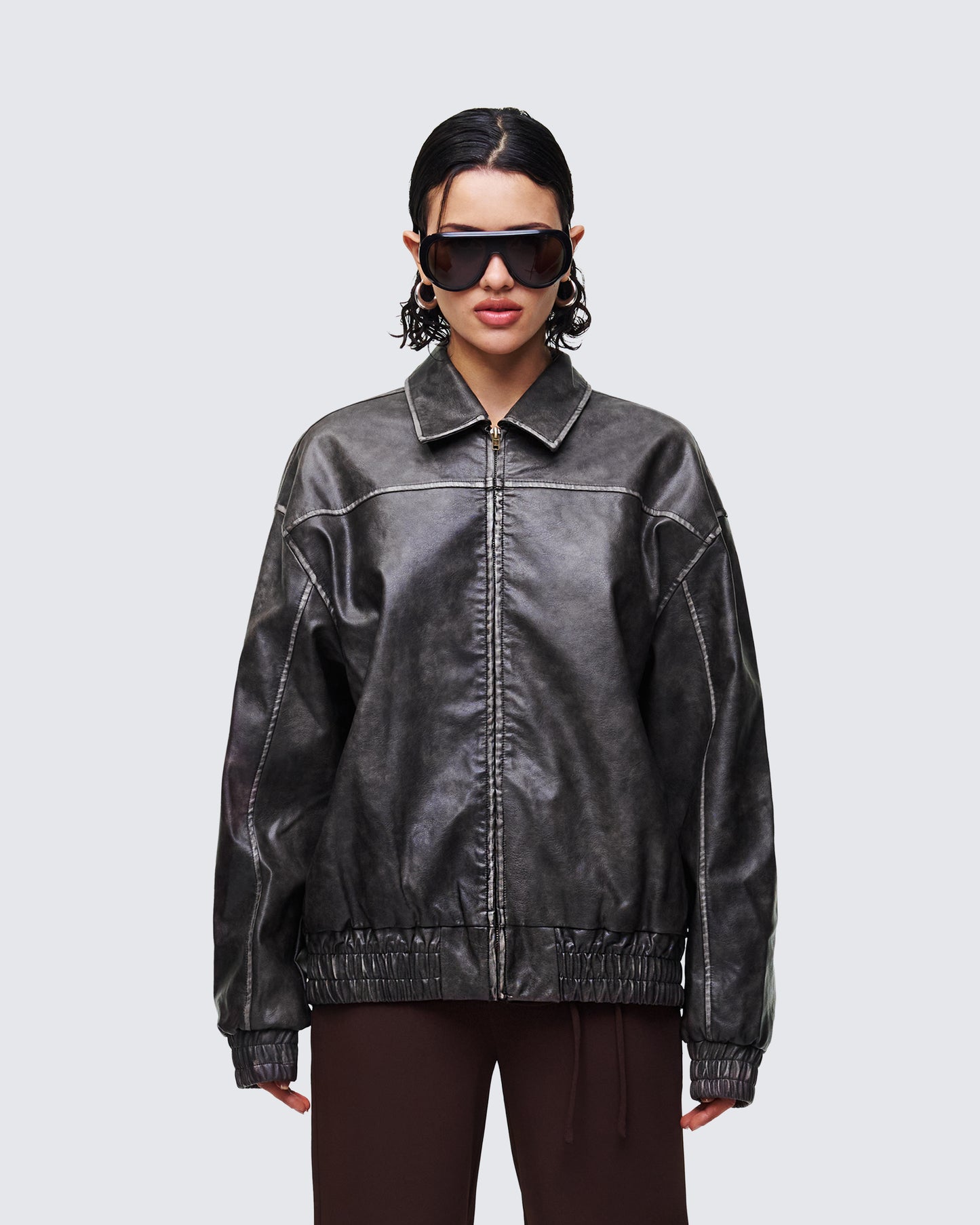 Hallow Brown Vegan Leather Jacket model front